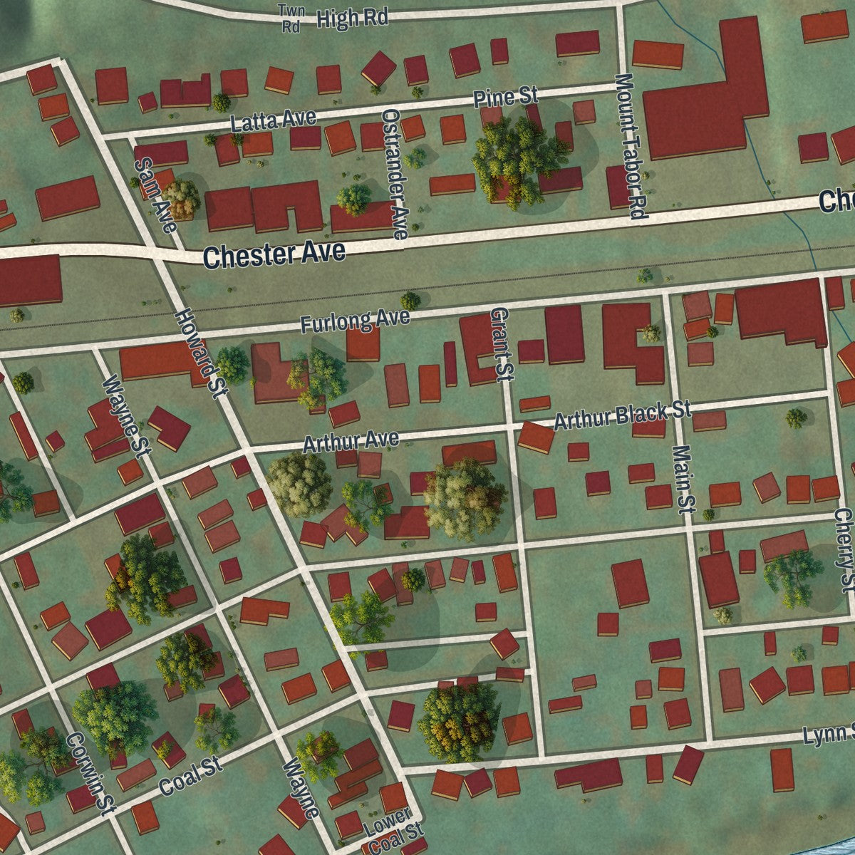 Close-up of the map of Roscoe, Pennsylvania print showing street and building detail