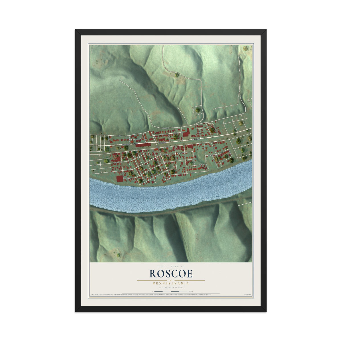 Map of Roscoe, Pennsylvania, 12 x 18 inch print in a black wood frame