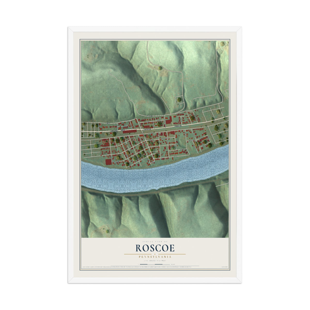 Map of Roscoe, Pennsylvania, 12 x 18 inch print in a white wood frame