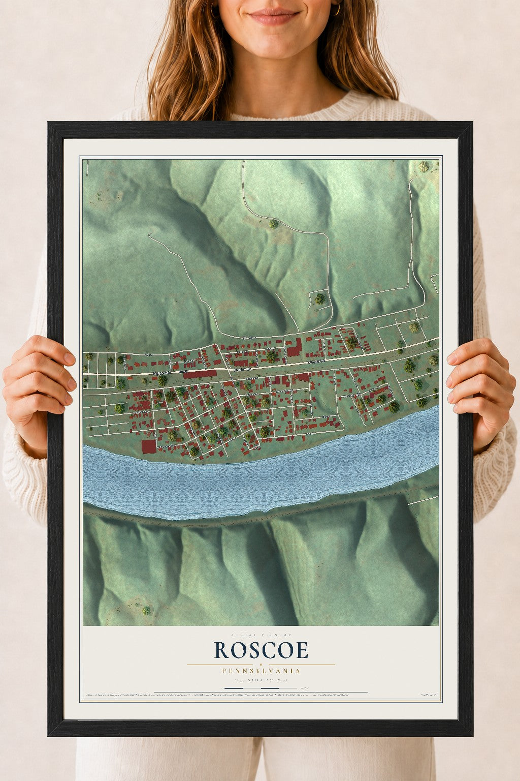 Map of Roscoe, Pennsylvania, 18 x 24 inch print in a black wood frame