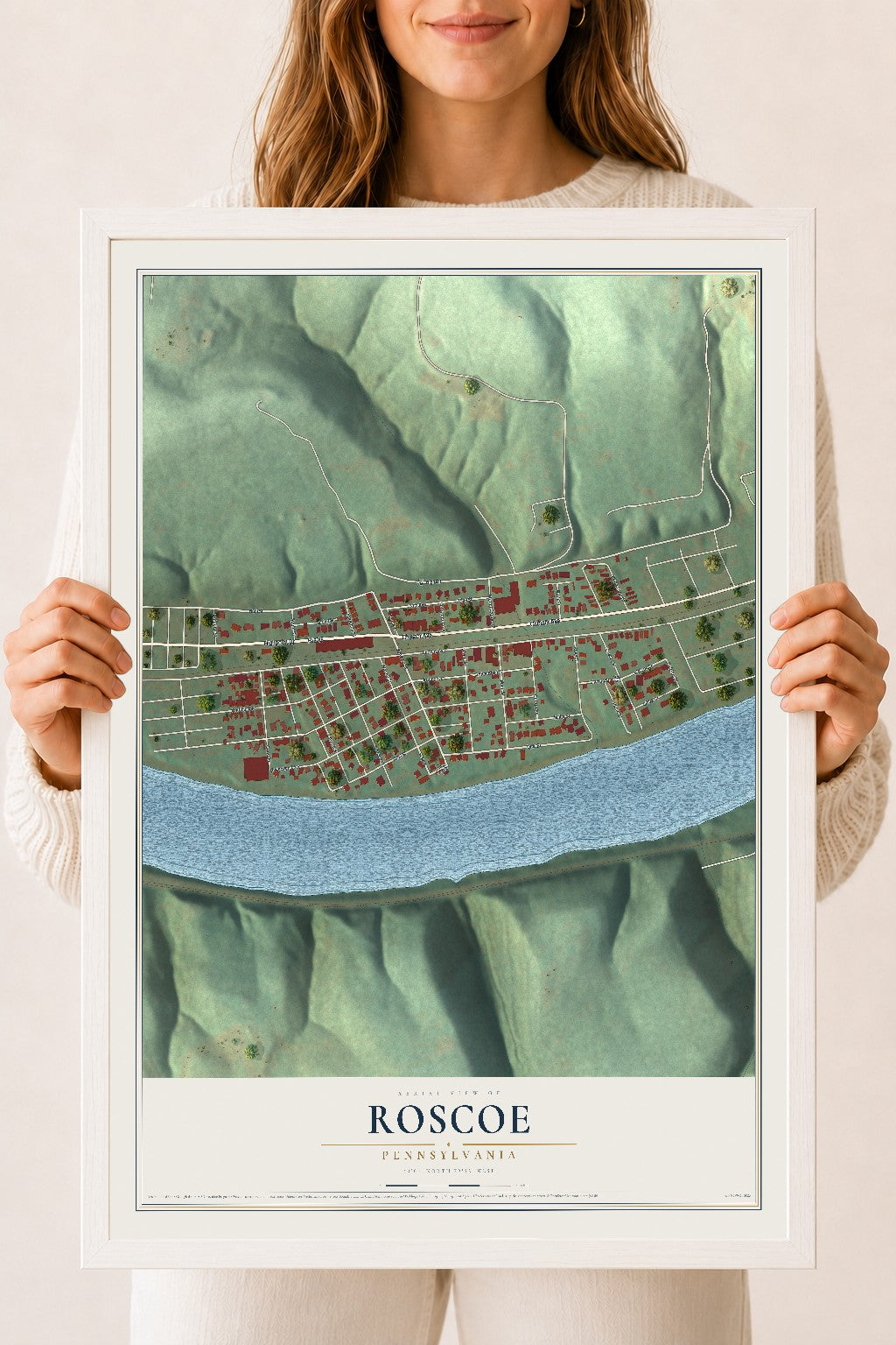 Map of Roscoe, Pennsylvania, 18 x 24 inch print in a white wood frame