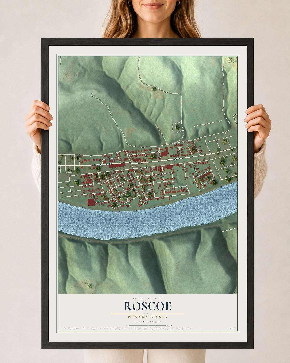 Map of Roscoe, Pennsylvania, 24 x 36 inch print in a black wood frame