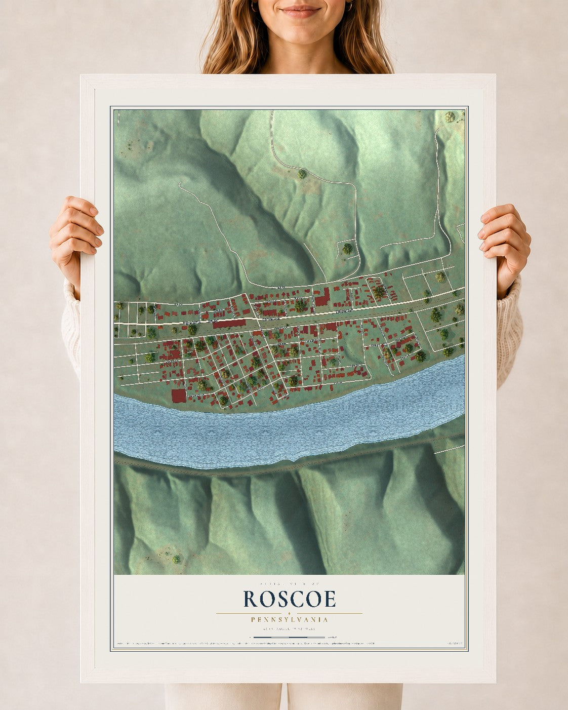 Map of Roscoe, Pennsylvania, 24 x 36 inch print in a white wood frame