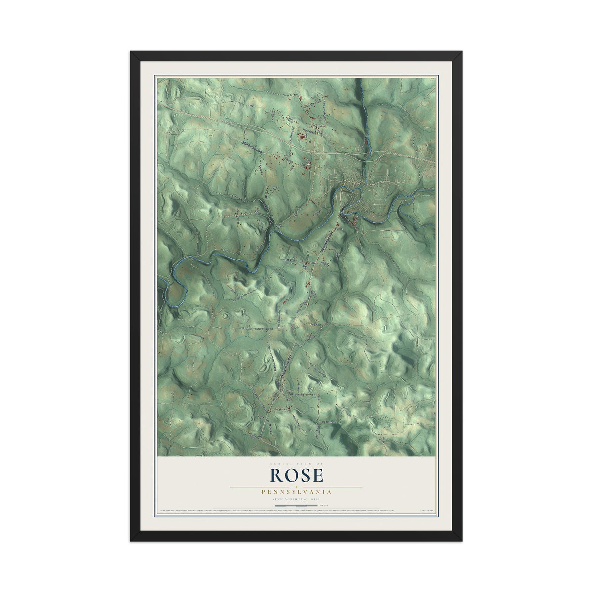 Map of Rose, Pennsylvania, 12 x 18 inch print in a black wood frame