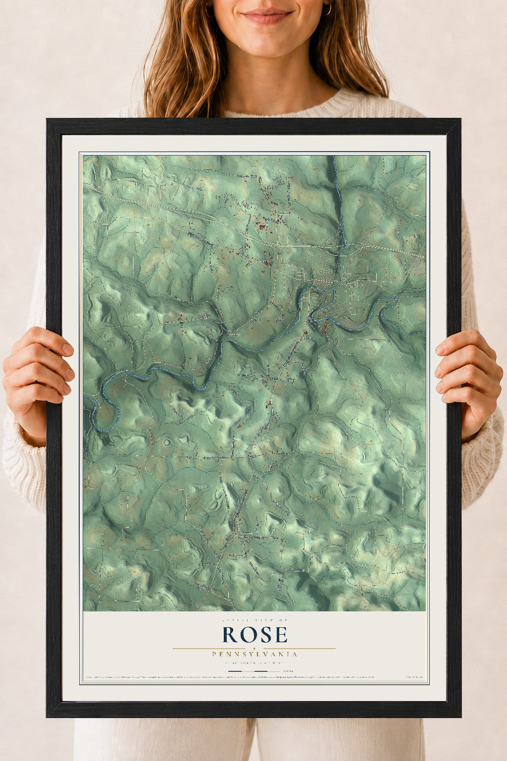 Map of Rose, Pennsylvania, 18 x 24 inch print in a black wood frame
