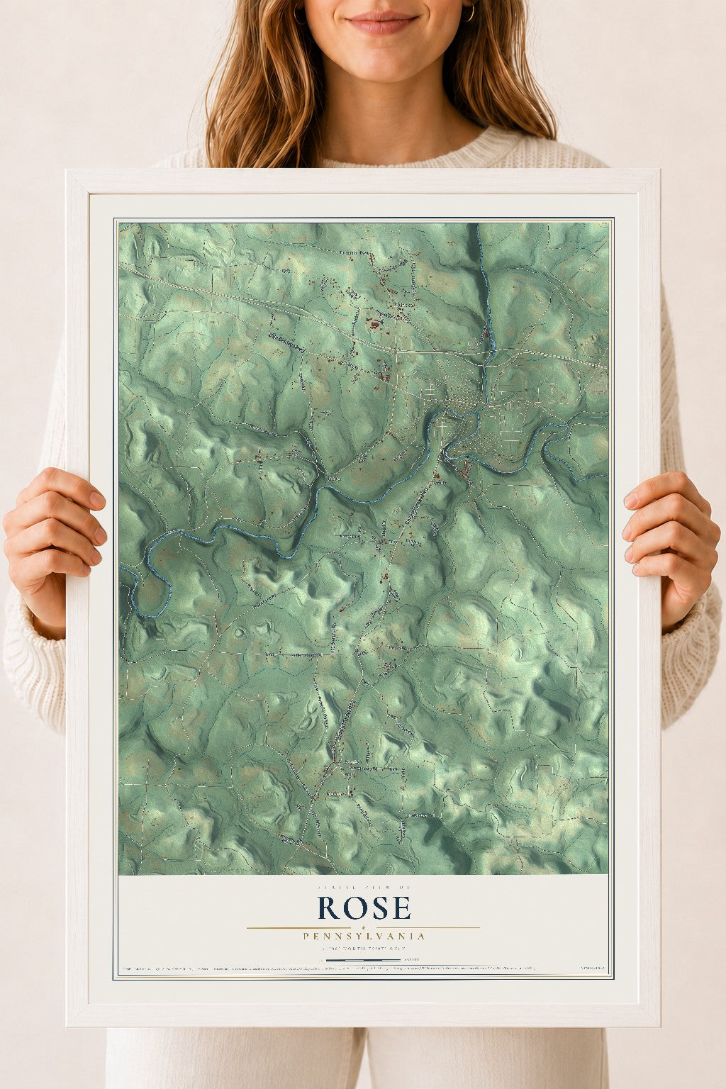 Map of Rose, Pennsylvania, 18 x 24 inch print in a white wood frame
