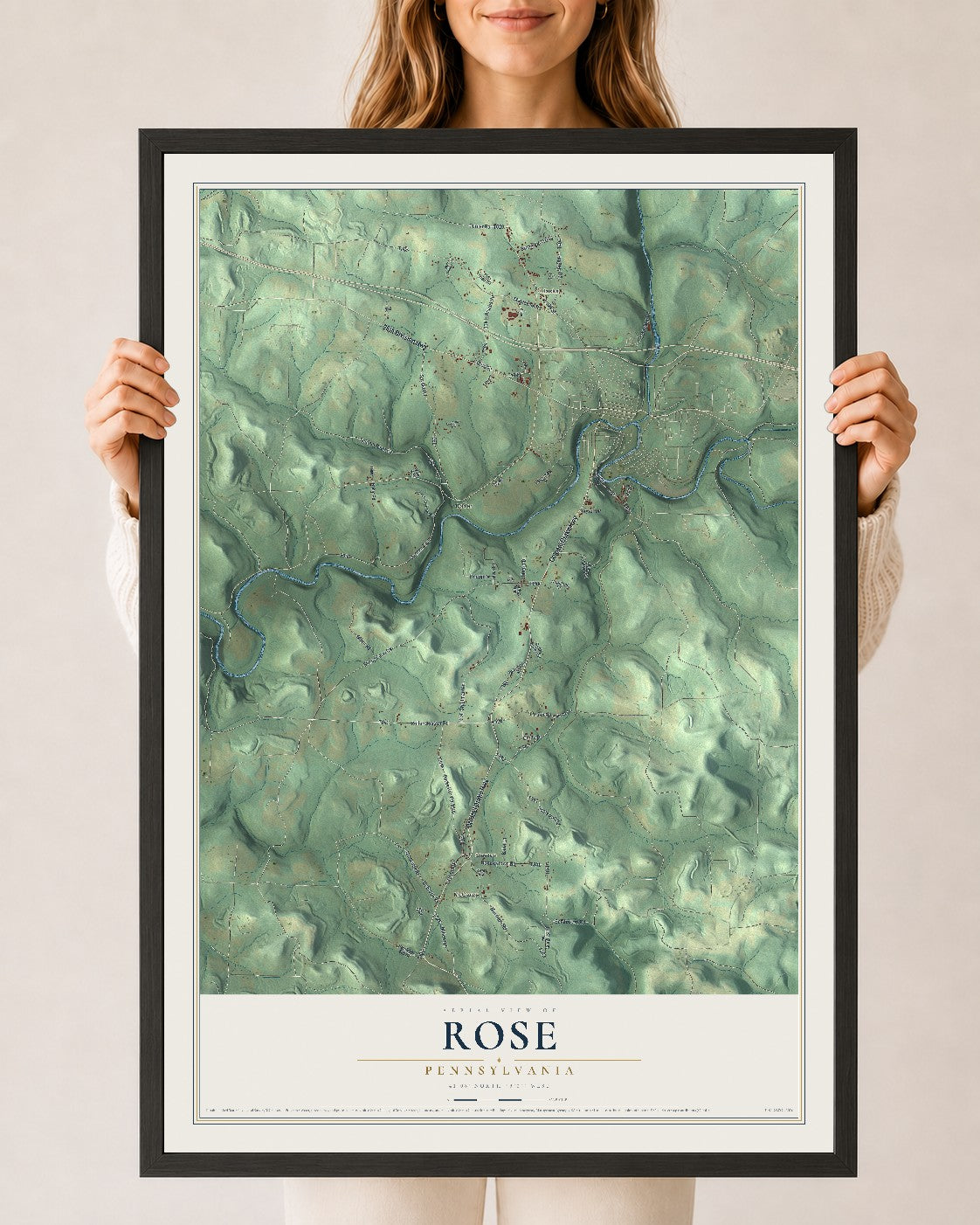 Map of Rose, Pennsylvania, 24 x 36 inch print in a black wood frame