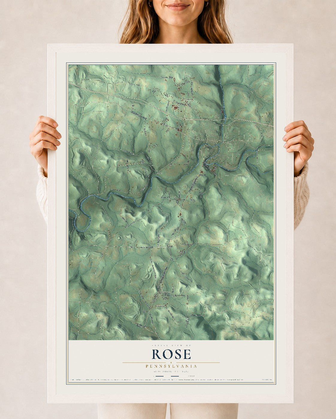 Map of Rose, Pennsylvania, 24 x 36 inch print in a white wood frame