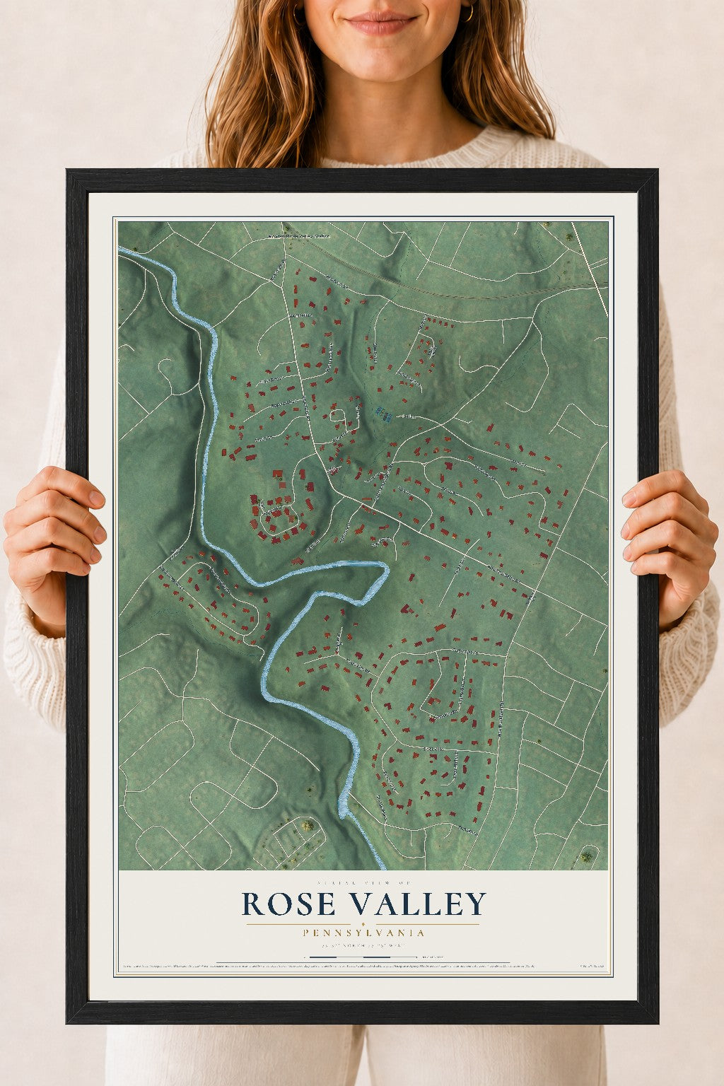 Map of Rose Valley, Pennsylvania, 18 x 24 inch print in a black wood frame