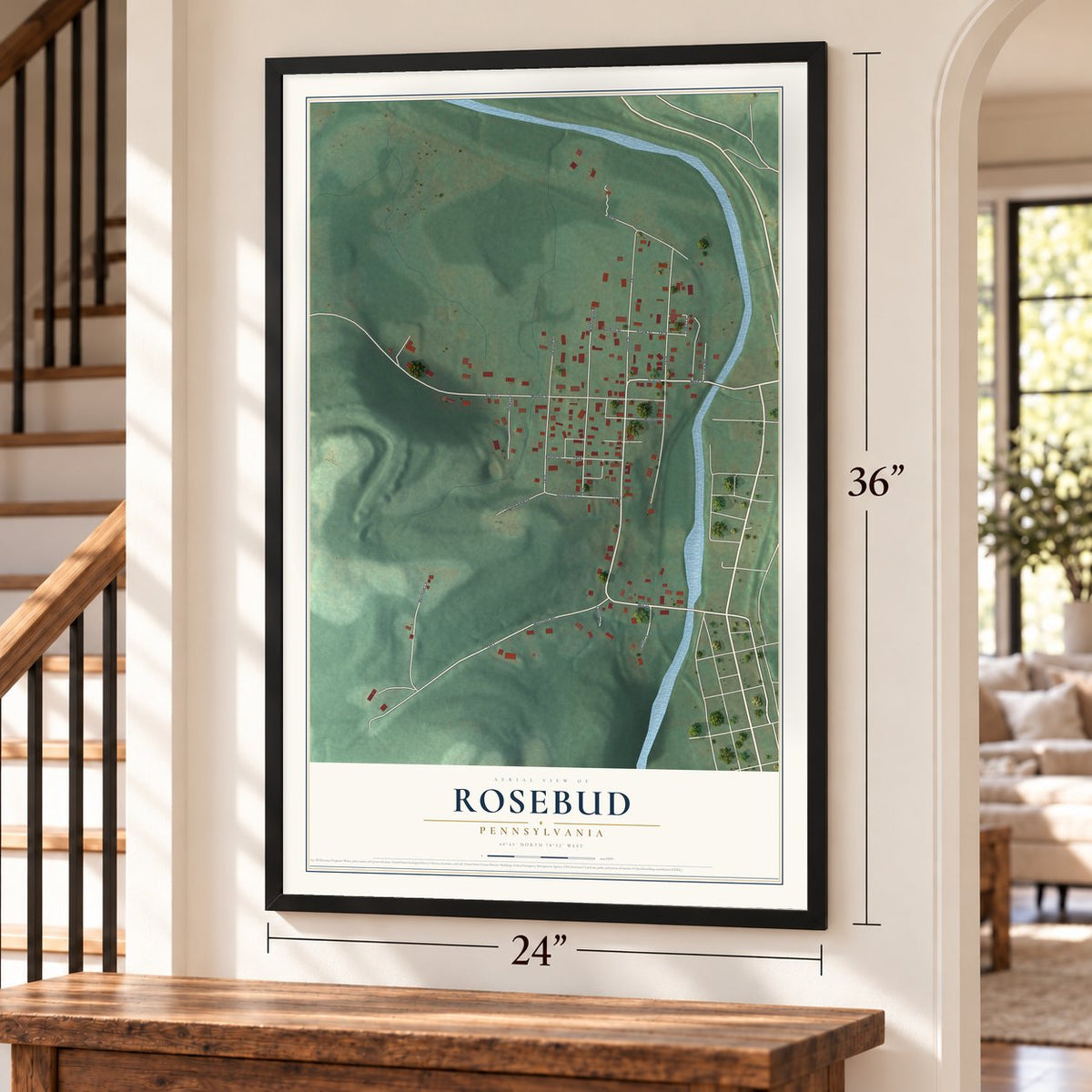Rosebud, Pennsylvania map, 24 x 36 inch print in a black frame by a staircase
