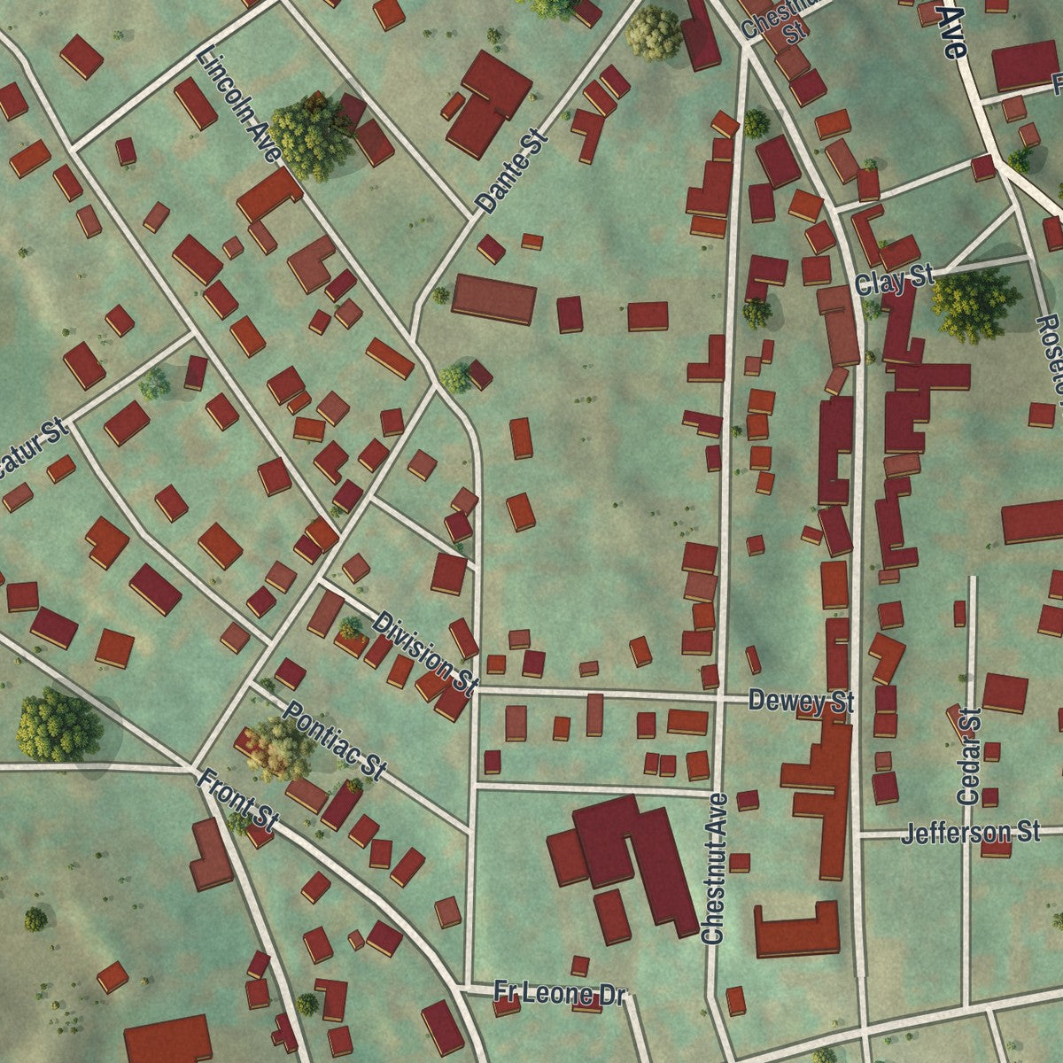 Close-up of the map of Roseto, Pennsylvania print showing street and building detail