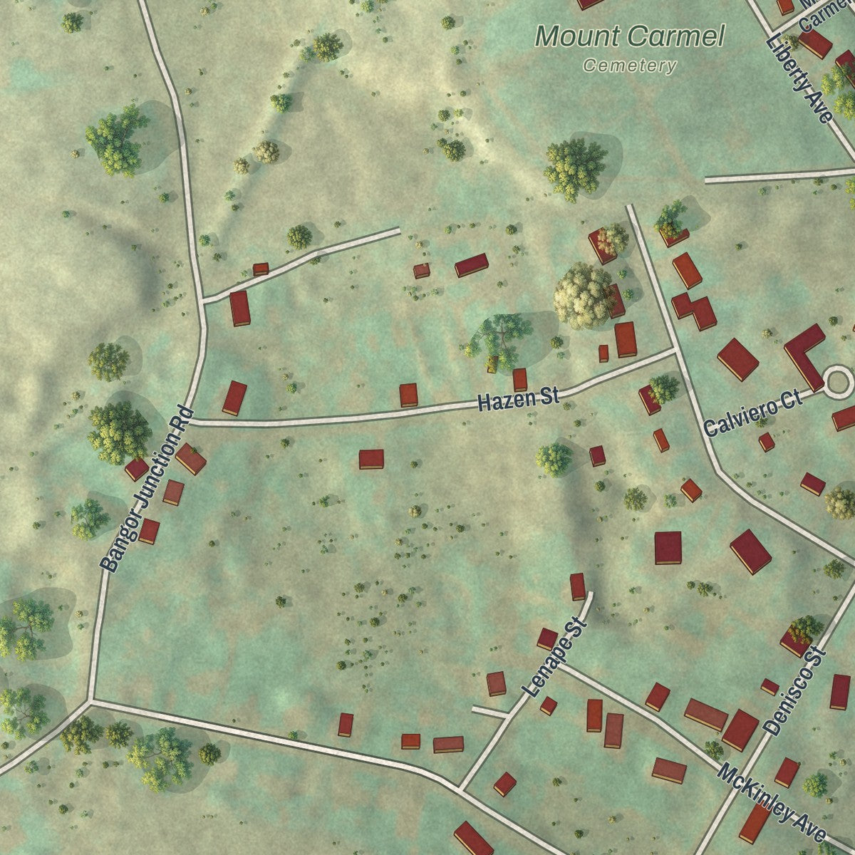 Second close-up of the map of Roseto, Pennsylvania print showing more streets and buildings