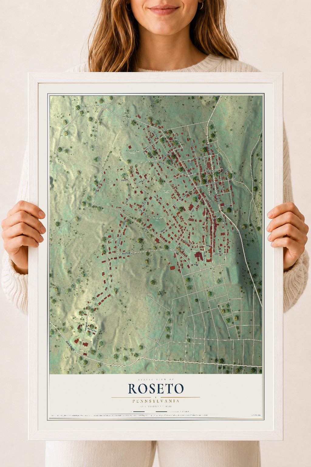 Map of Roseto, Pennsylvania, 18 x 24 inch print in a white wood frame