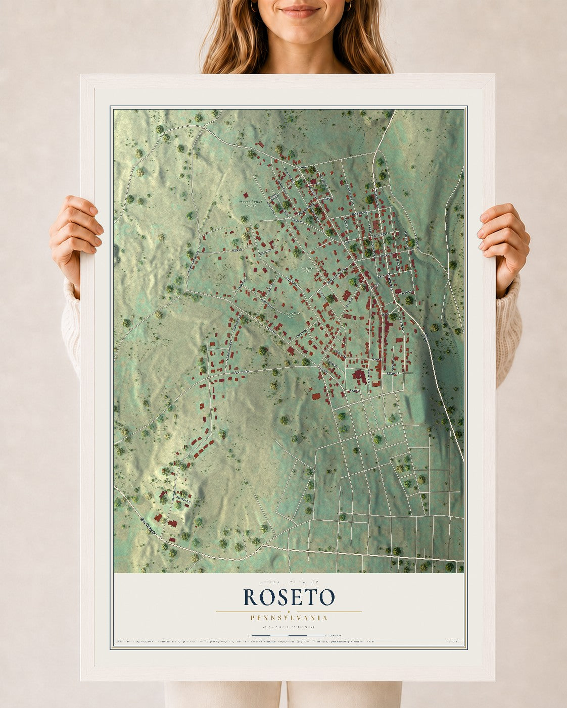 Map of Roseto, Pennsylvania, 24 x 36 inch print in a white wood frame