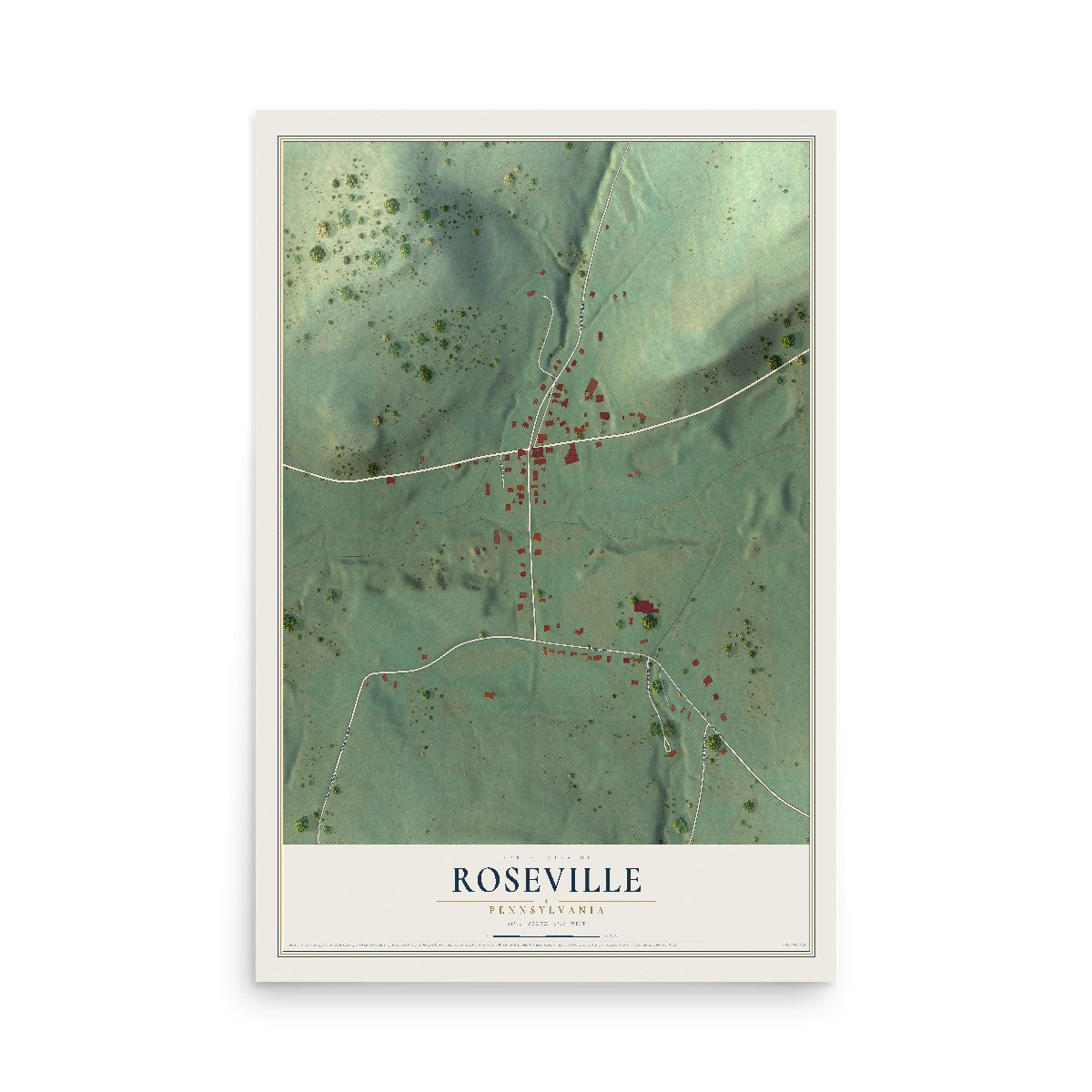 Map of Roseville, Pennsylvania, 12 x 18 inch unframed archival matte print