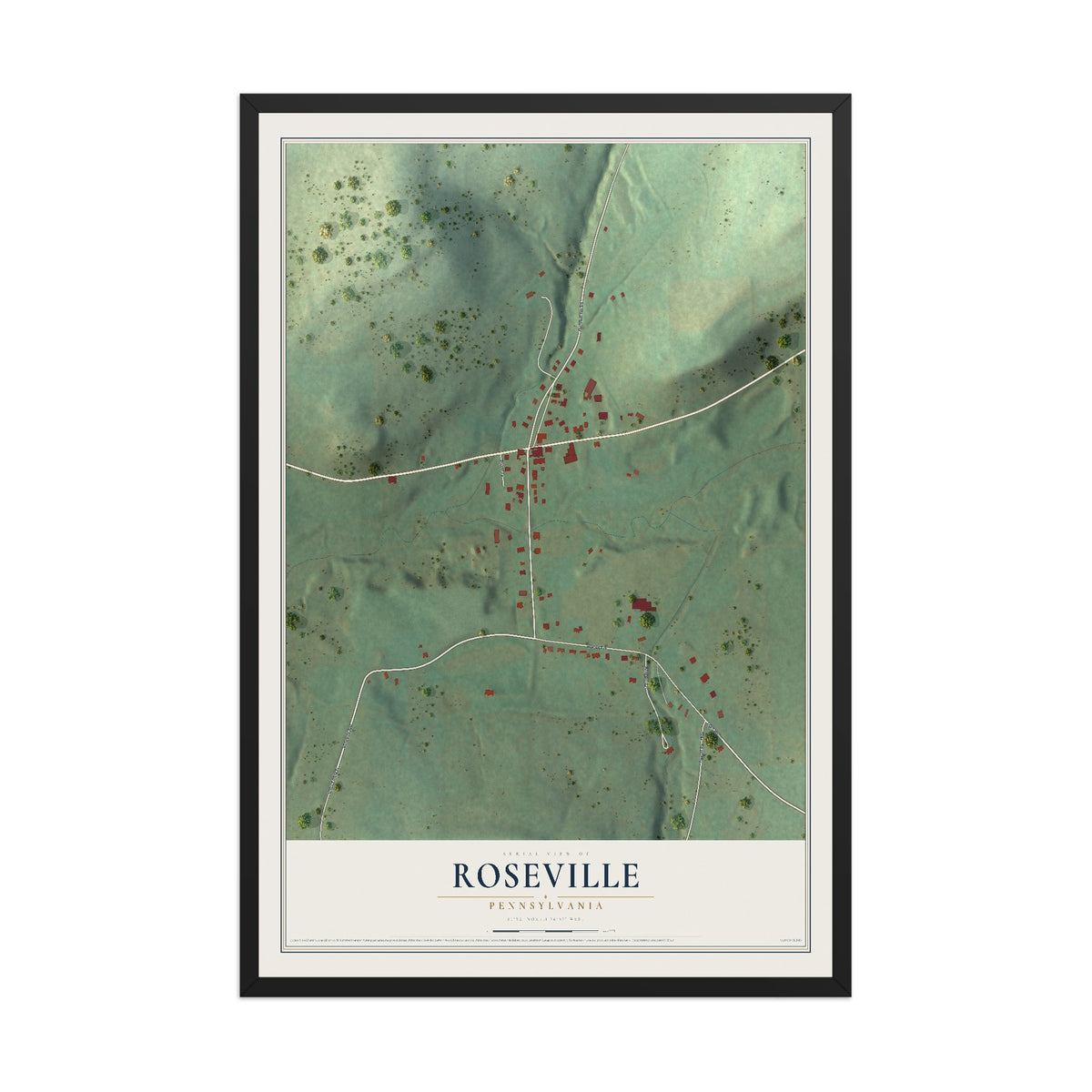 Map of Roseville, Pennsylvania, 12 x 18 inch print in a black wood frame
