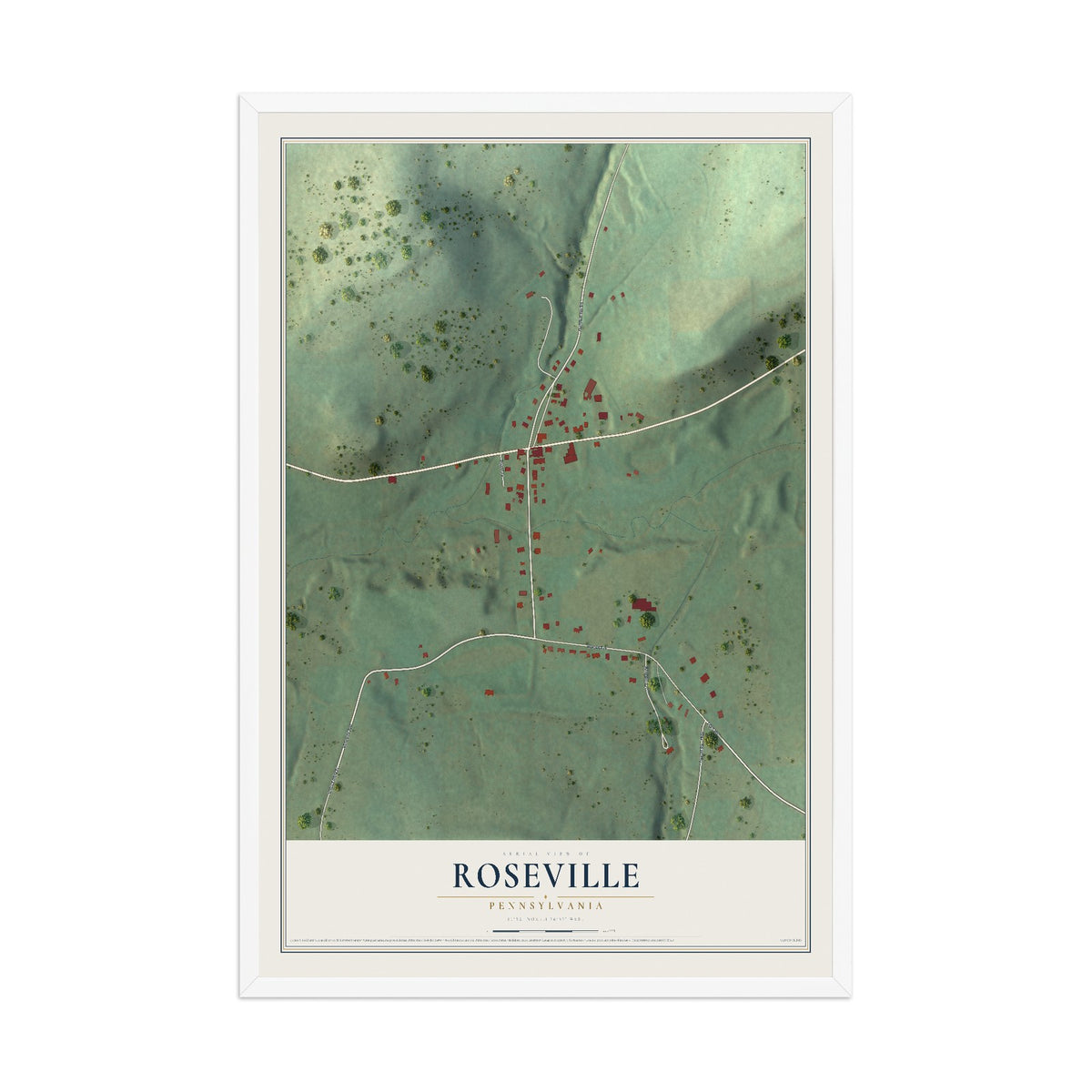 Map of Roseville, Pennsylvania, 12 x 18 inch print in a white wood frame