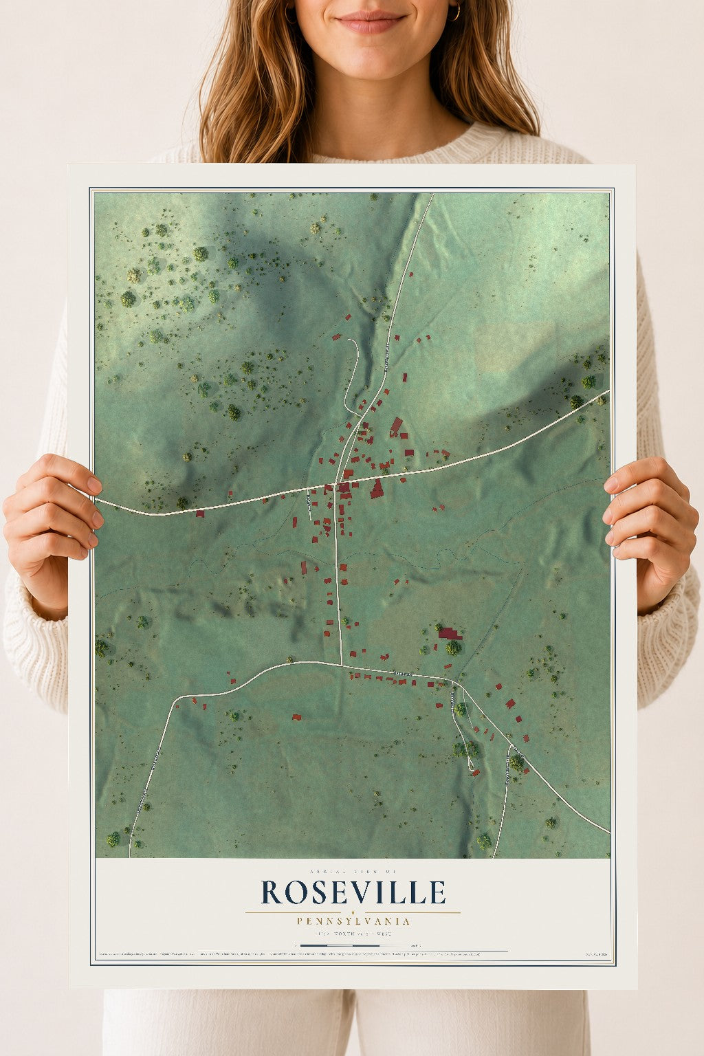 Map of Roseville, Pennsylvania, 18 x 24 inch unframed archival matte print