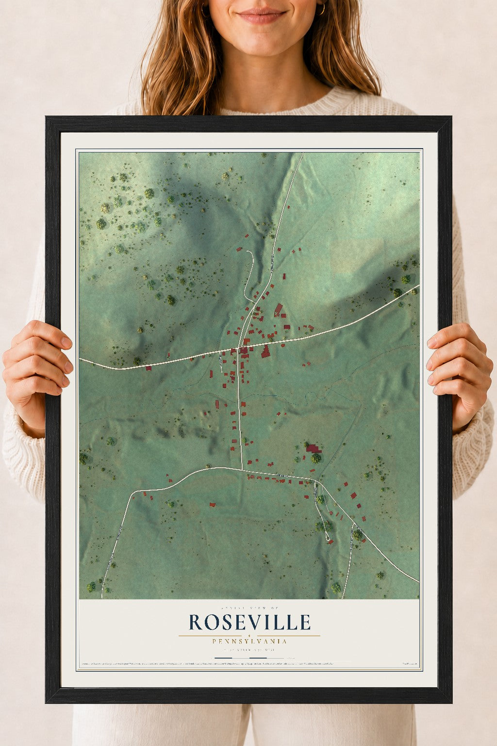 Map of Roseville, Pennsylvania, 18 x 24 inch print in a black wood frame