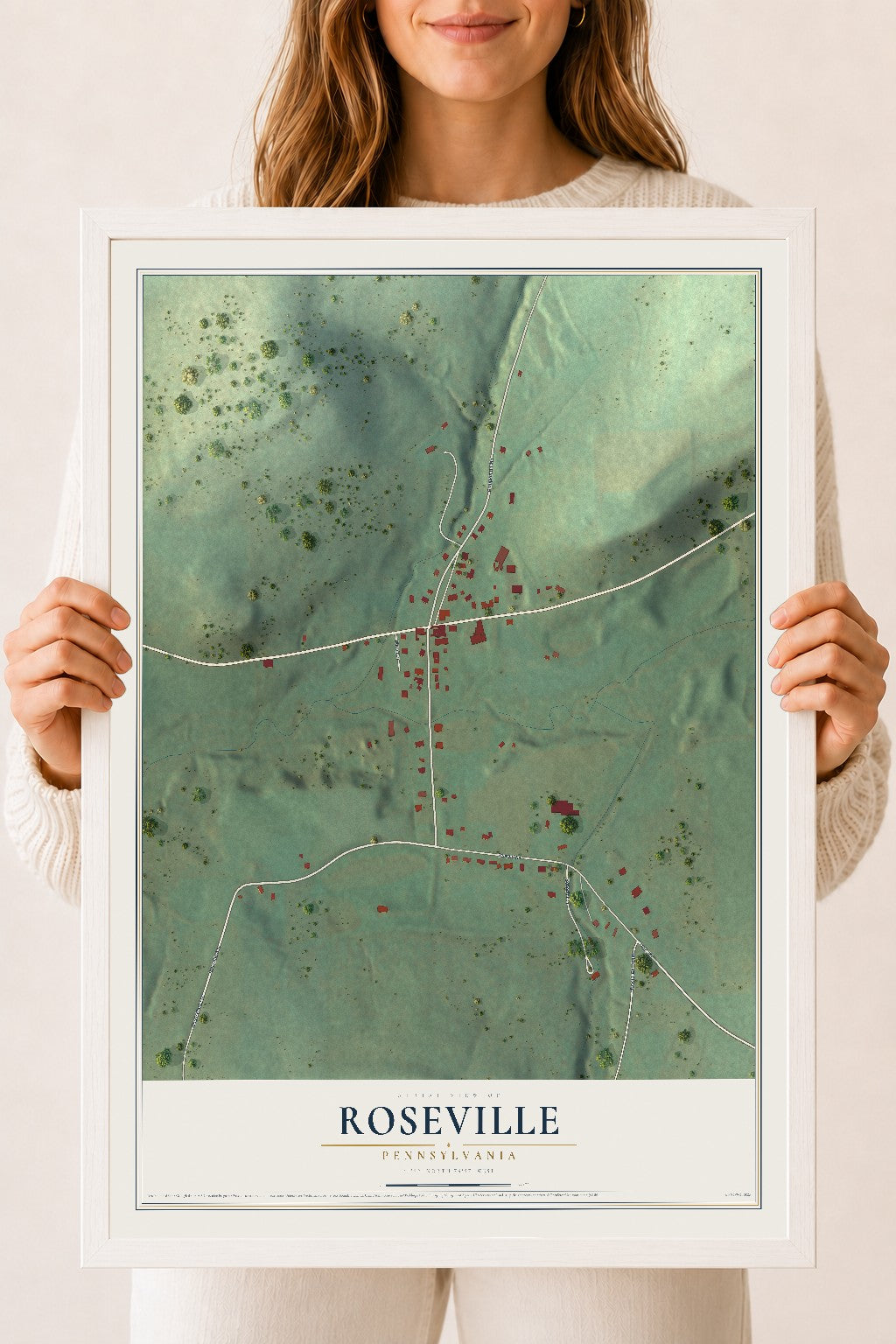 Map of Roseville, Pennsylvania, 18 x 24 inch print in a white wood frame