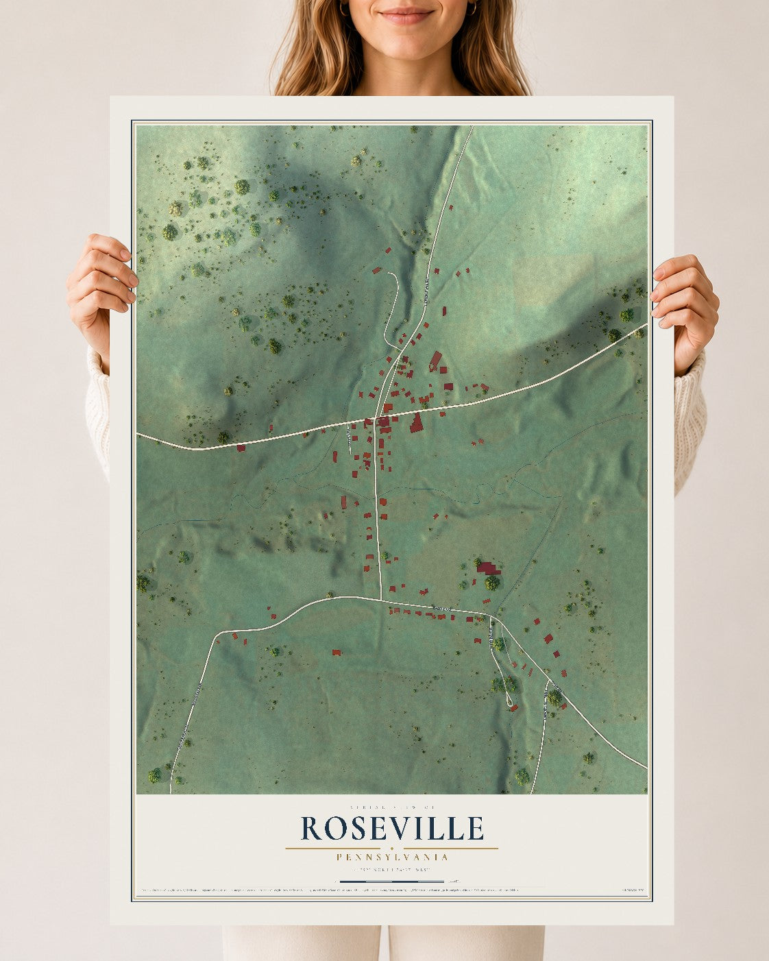 Map of Roseville, Pennsylvania, 24 x 36 inch unframed archival matte print