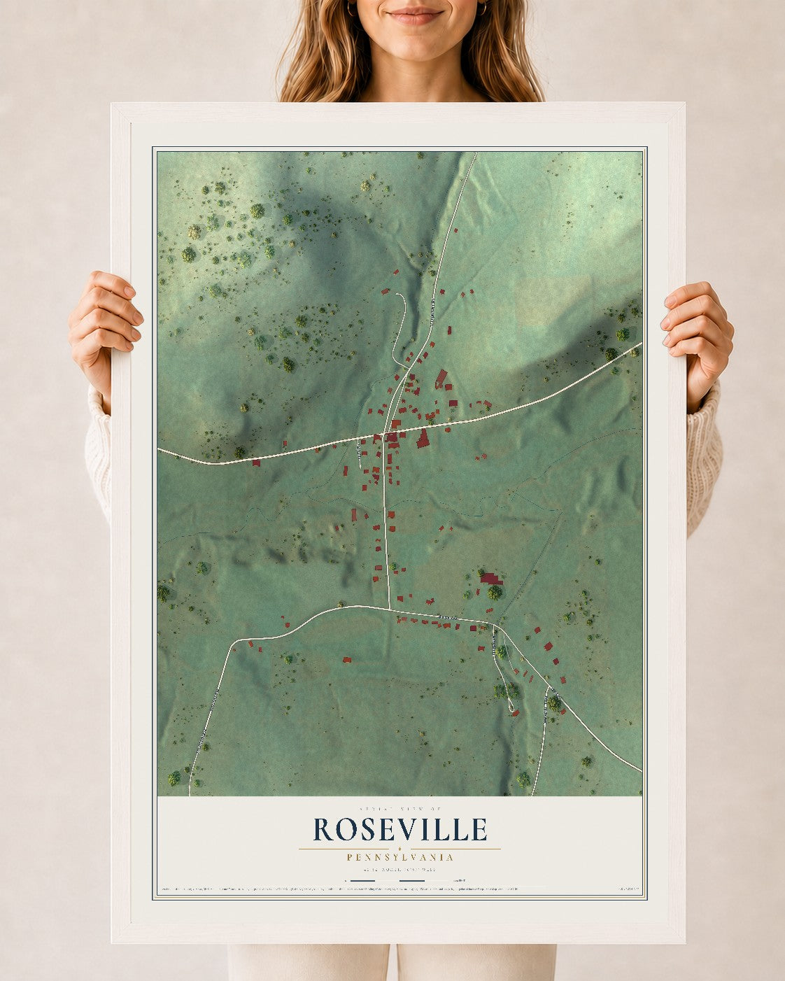 Map of Roseville, Pennsylvania, 24 x 36 inch print in a white wood frame