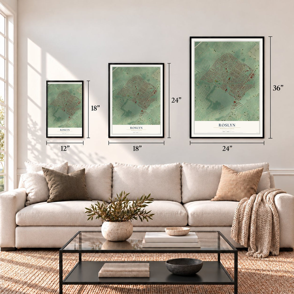 Roslyn, Pennsylvania map in 12 x 18, 18 x 24 and 24 x 36 inch sizes above a sofa