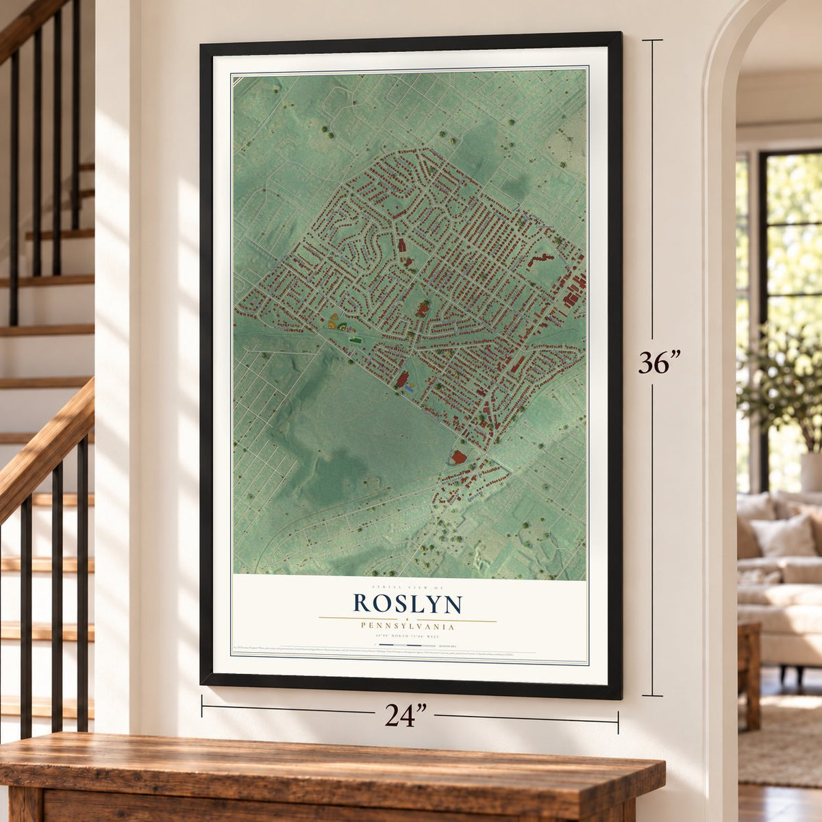 Roslyn, Pennsylvania map, 24 x 36 inch print in a black frame by a staircase