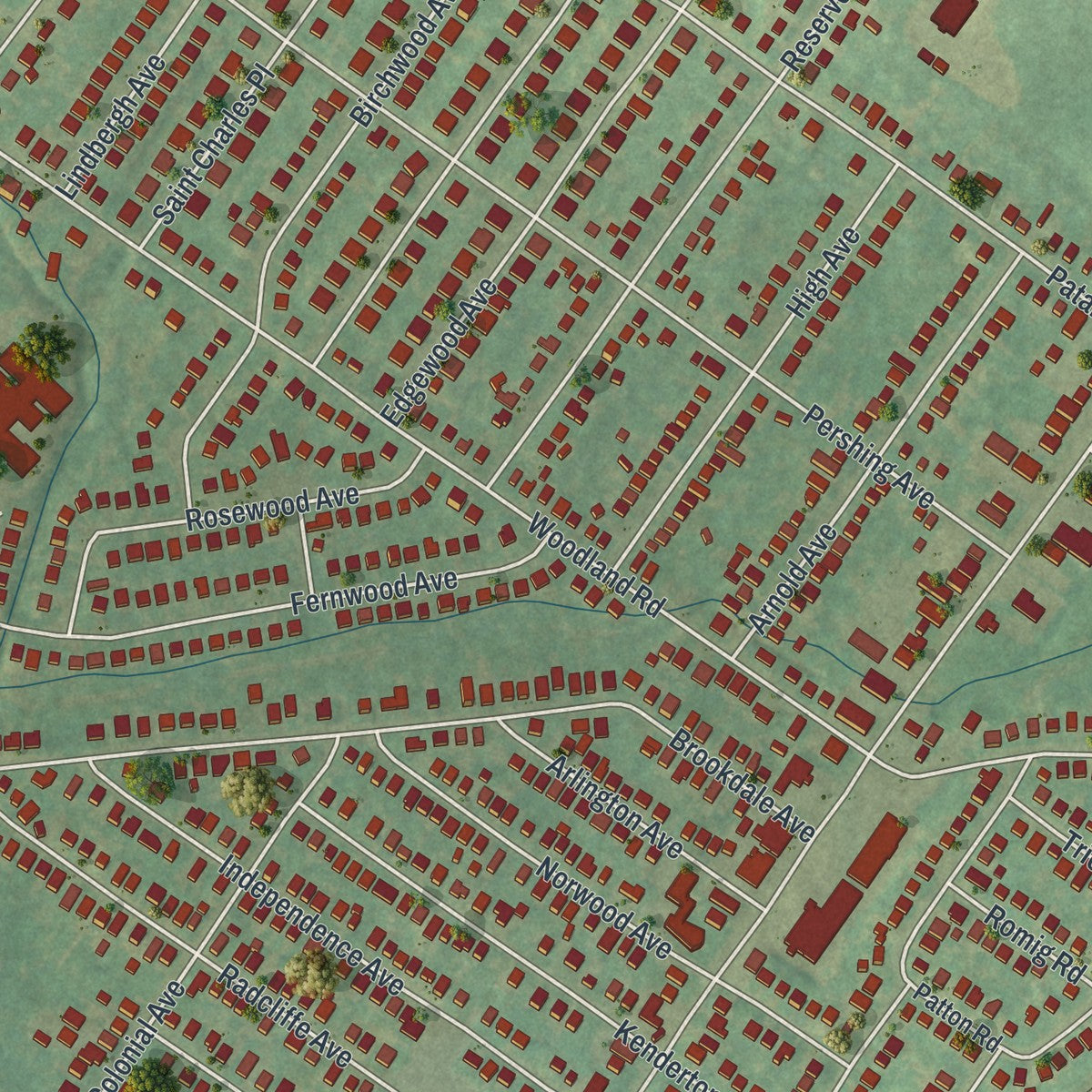 Close-up of the map of Roslyn, Pennsylvania print showing street and building detail