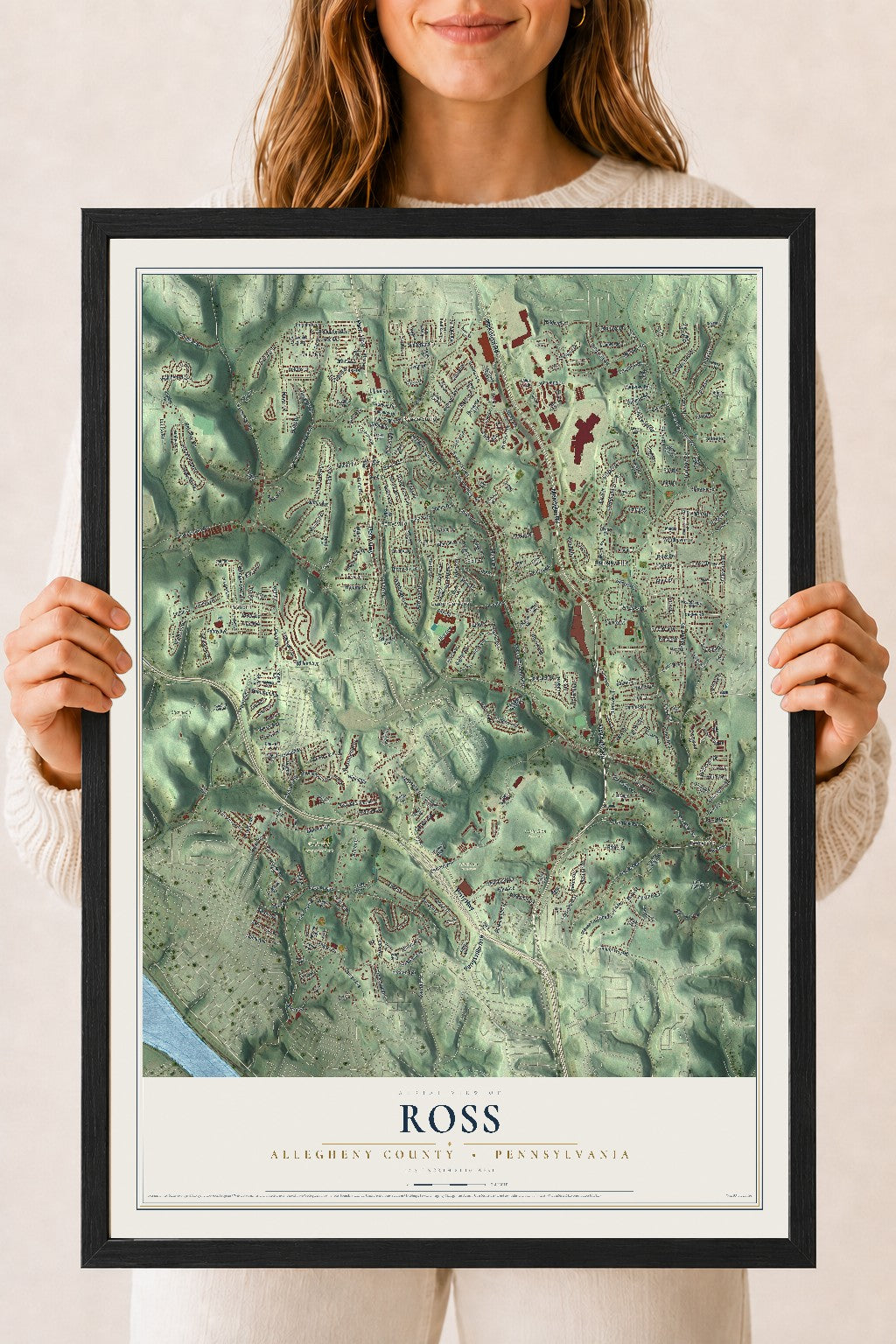 Map of Ross, Allegheny County, Pennsylvania, 18 x 24 inch print in a black wood frame