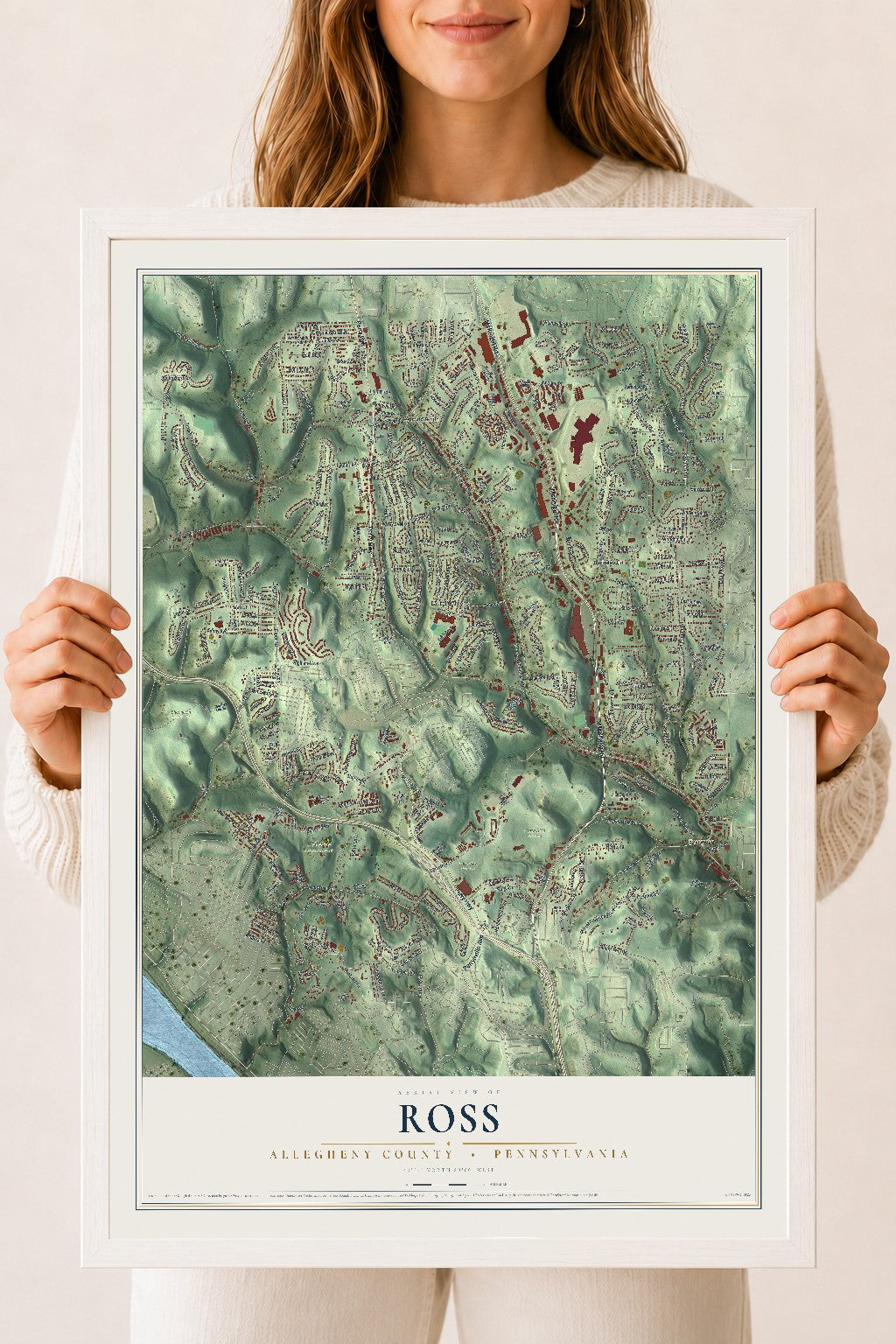 Map of Ross, Allegheny County, Pennsylvania, 18 x 24 inch print in a white wood frame