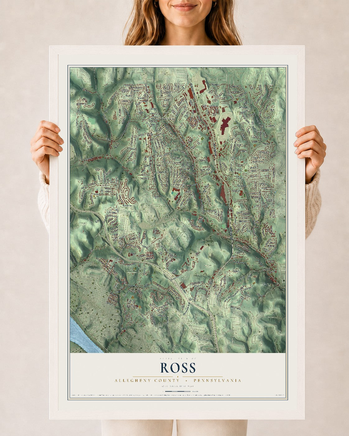 Map of Ross, Allegheny County, Pennsylvania, 24 x 36 inch print in a white wood frame