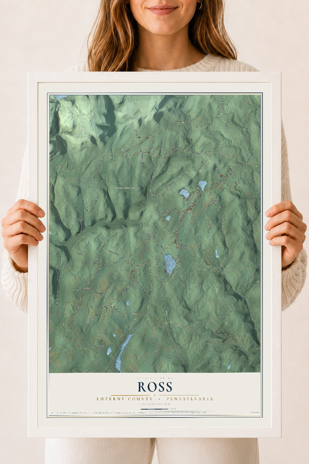Map of Ross, Luzerne County, Pennsylvania, 18 x 24 inch print in a white wood frame