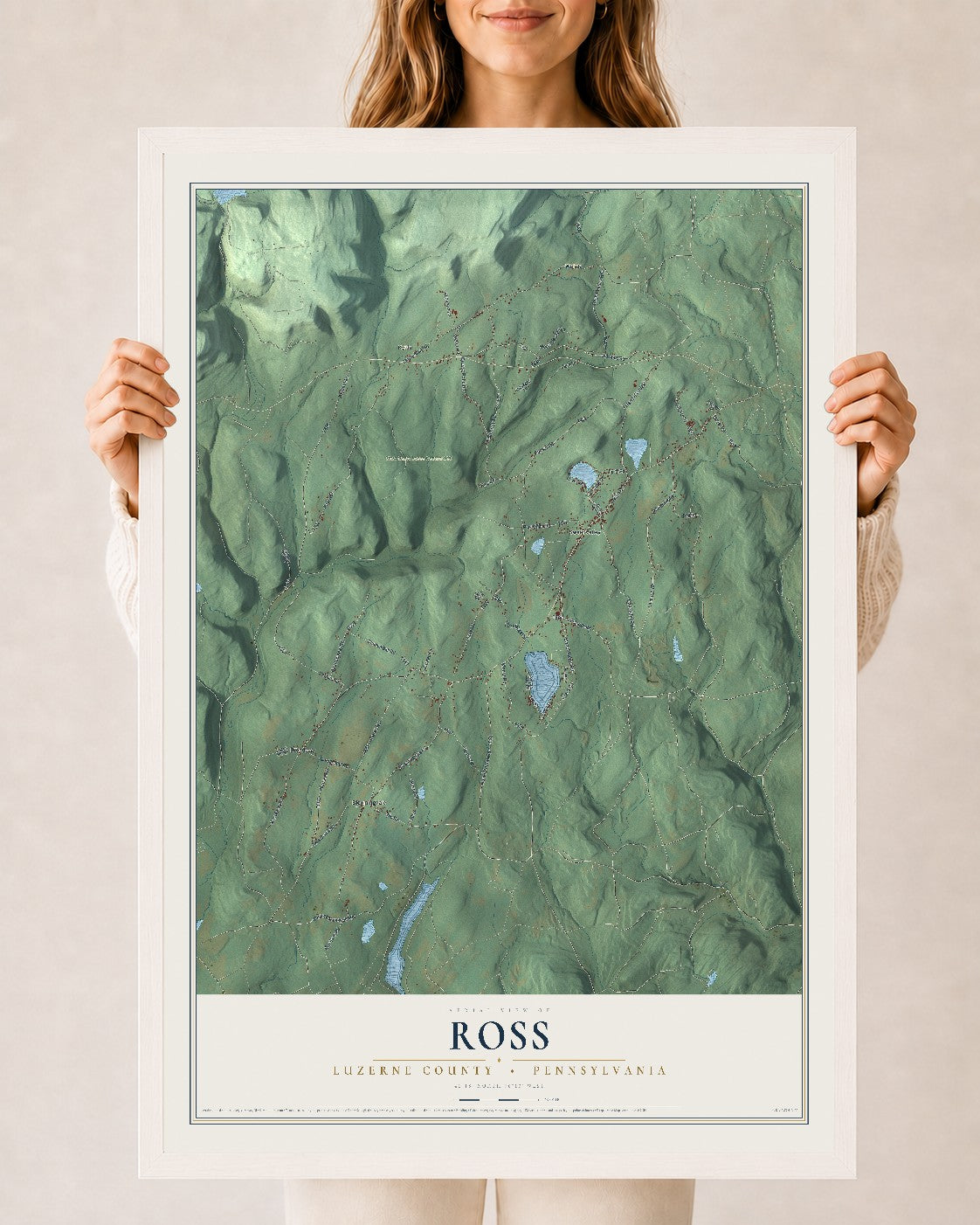 Map of Ross, Luzerne County, Pennsylvania, 24 x 36 inch print in a white wood frame