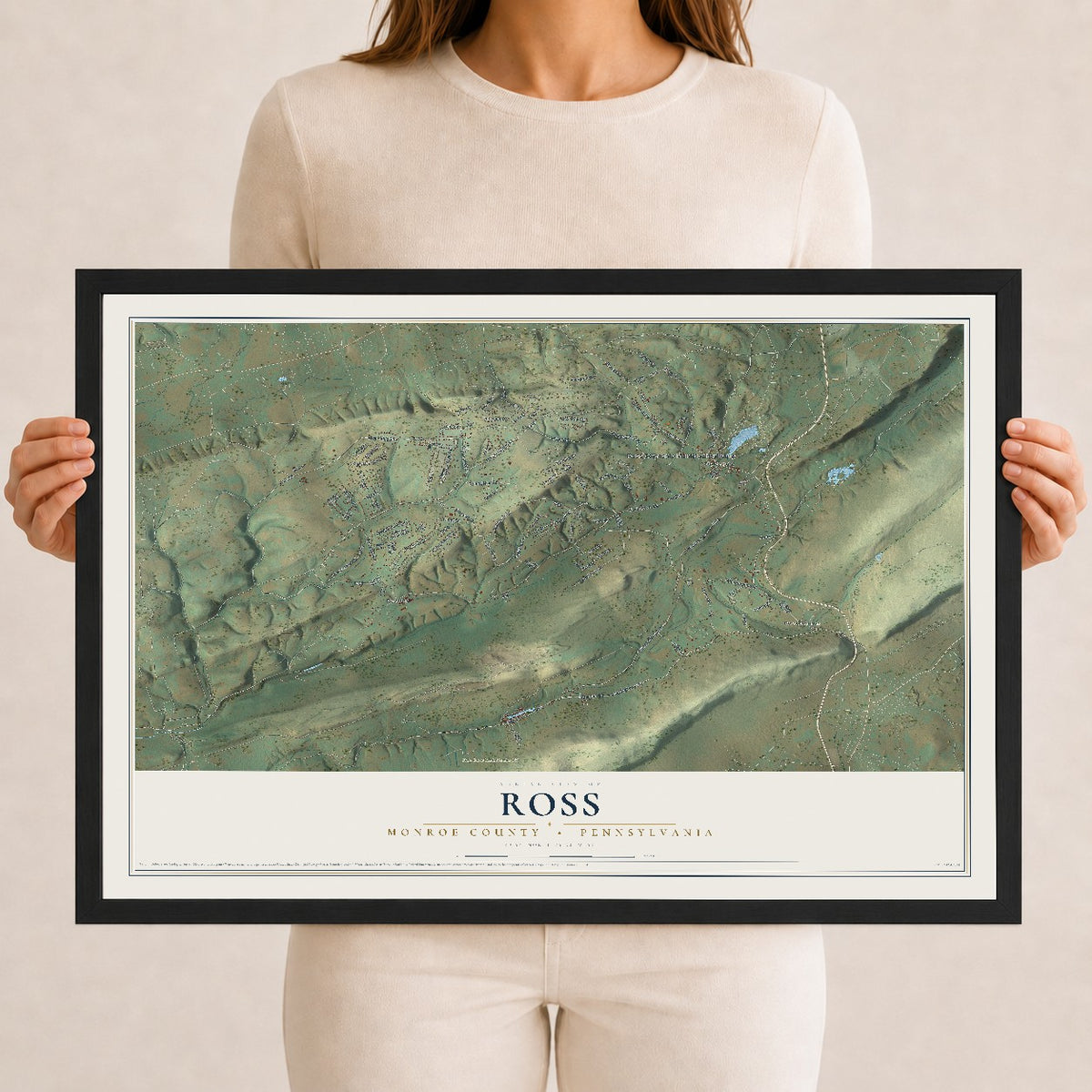 Map of Ross, Monroe County, Pennsylvania, 12 x 18 inch print in a black wood frame