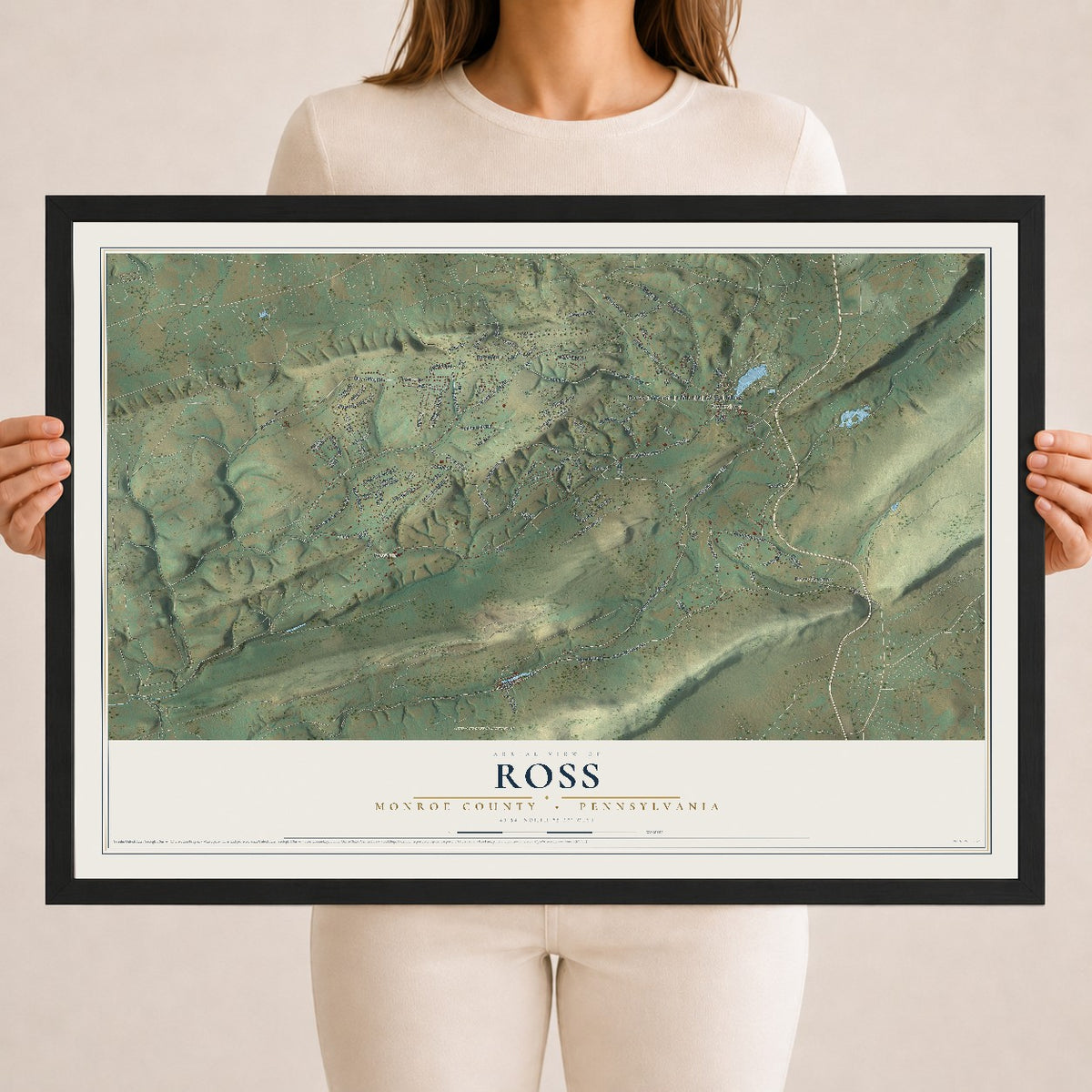 Map of Ross, Monroe County, Pennsylvania, 18 x 24 inch print in a black wood frame