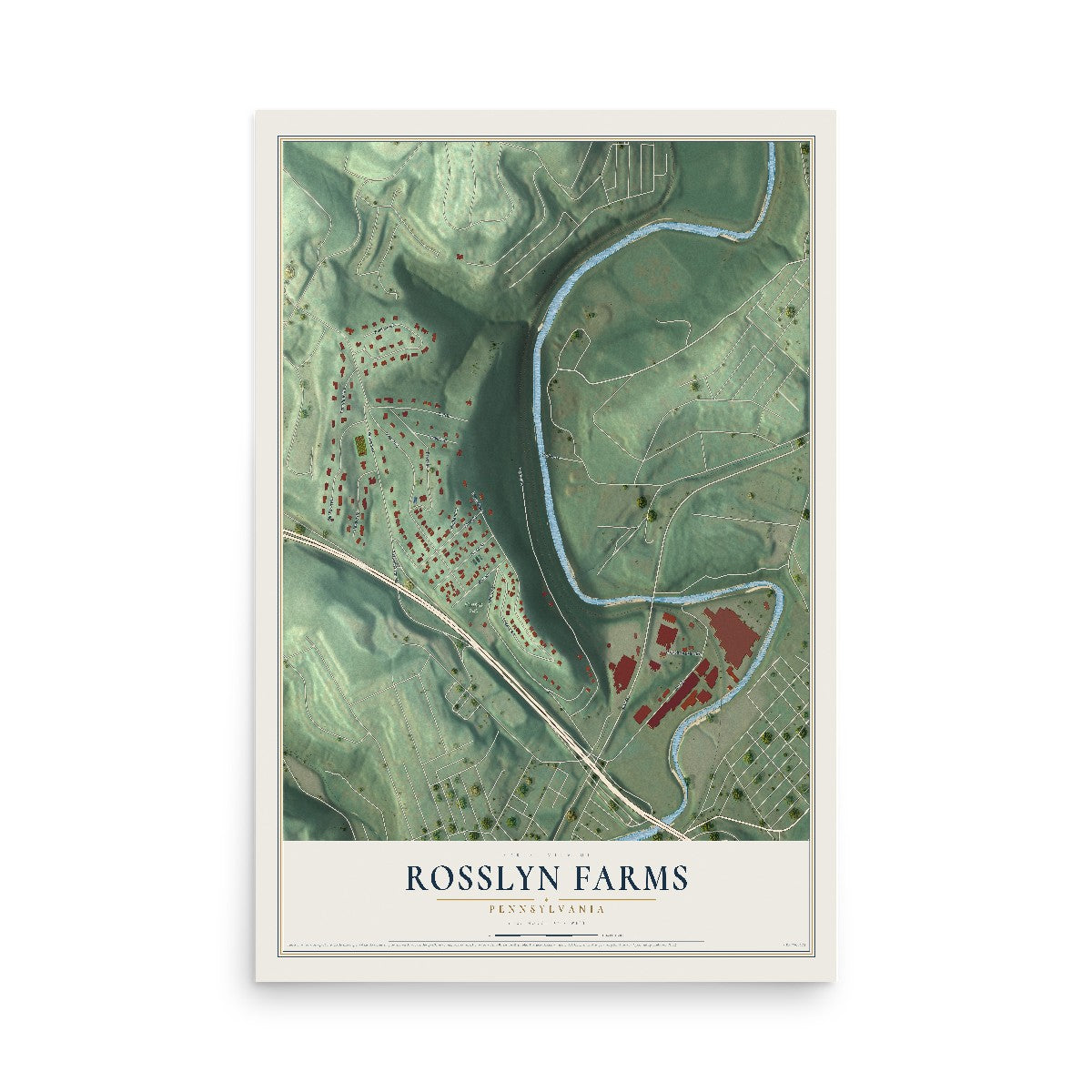 Map of Rosslyn Farms, Pennsylvania, 12 x 18 inch unframed archival matte print
