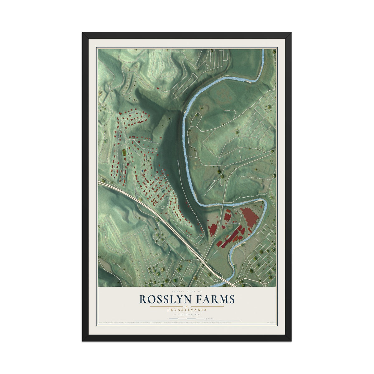 Map of Rosslyn Farms, Pennsylvania, 12 x 18 inch print in a black wood frame