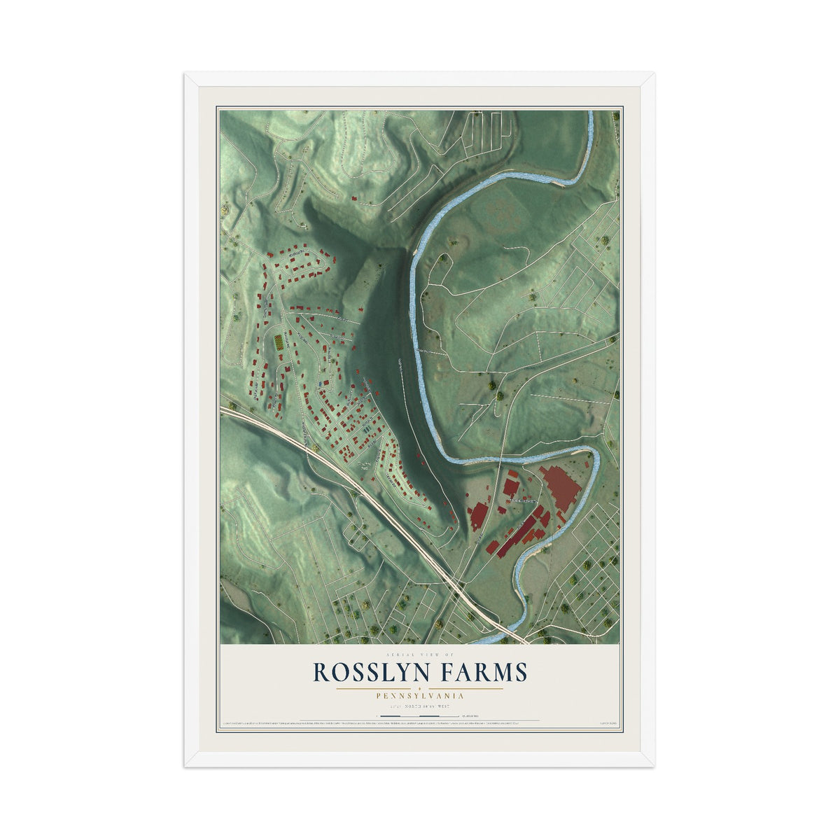 Map of Rosslyn Farms, Pennsylvania, 12 x 18 inch print in a white wood frame