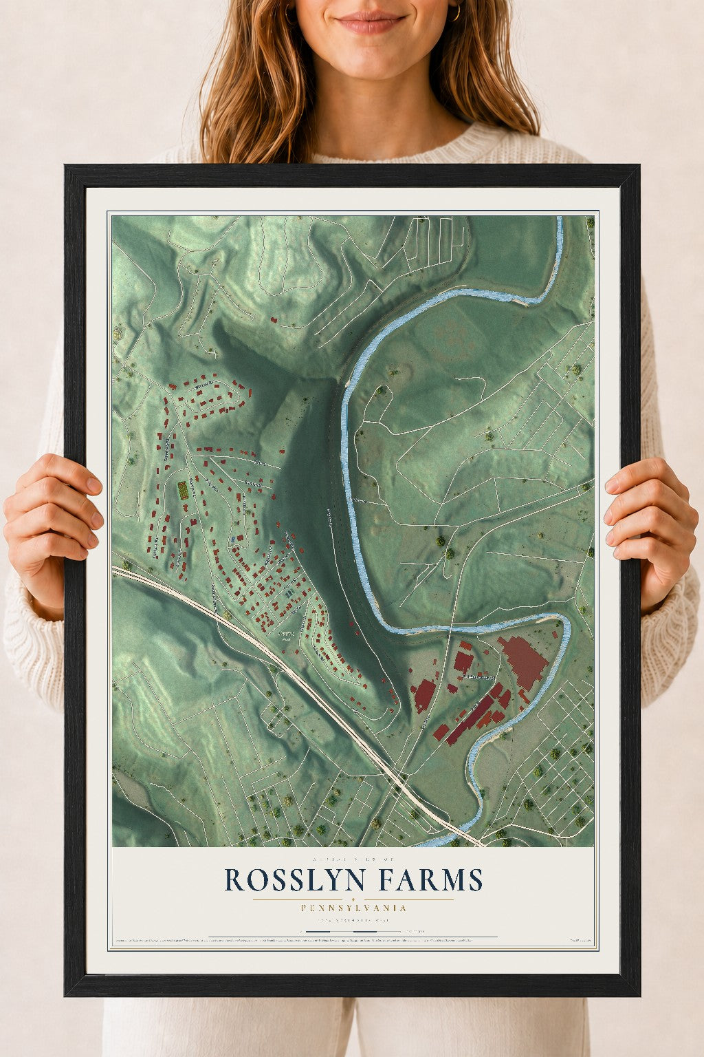 Map of Rosslyn Farms, Pennsylvania, 18 x 24 inch print in a black wood frame