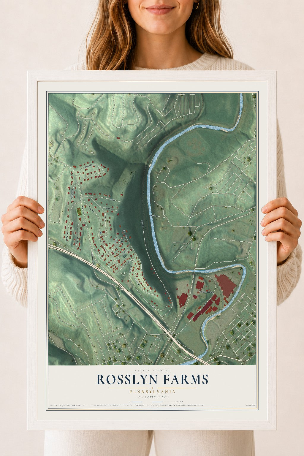 Map of Rosslyn Farms, Pennsylvania, 18 x 24 inch print in a white wood frame