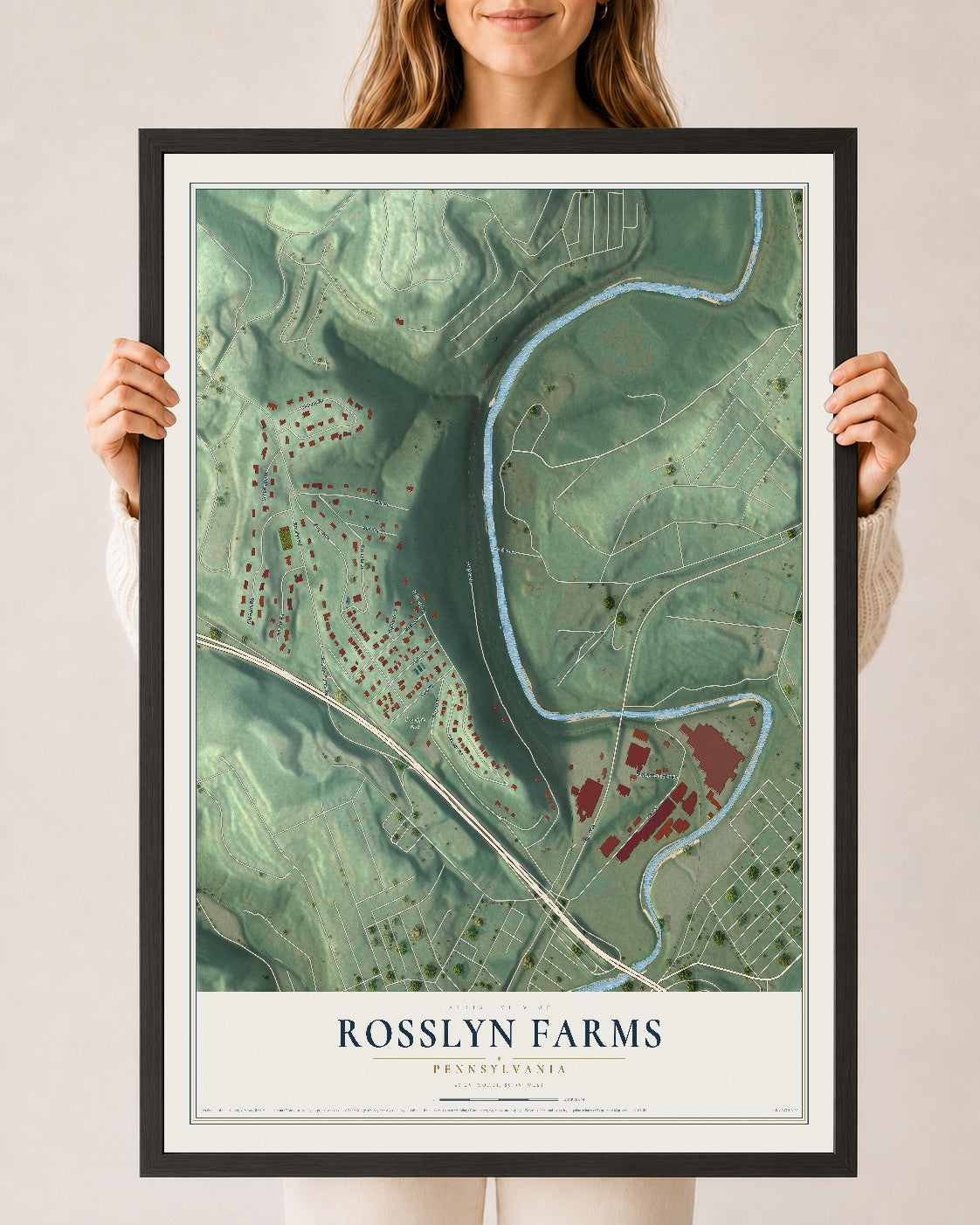Map of Rosslyn Farms, Pennsylvania, 24 x 36 inch print in a black wood frame