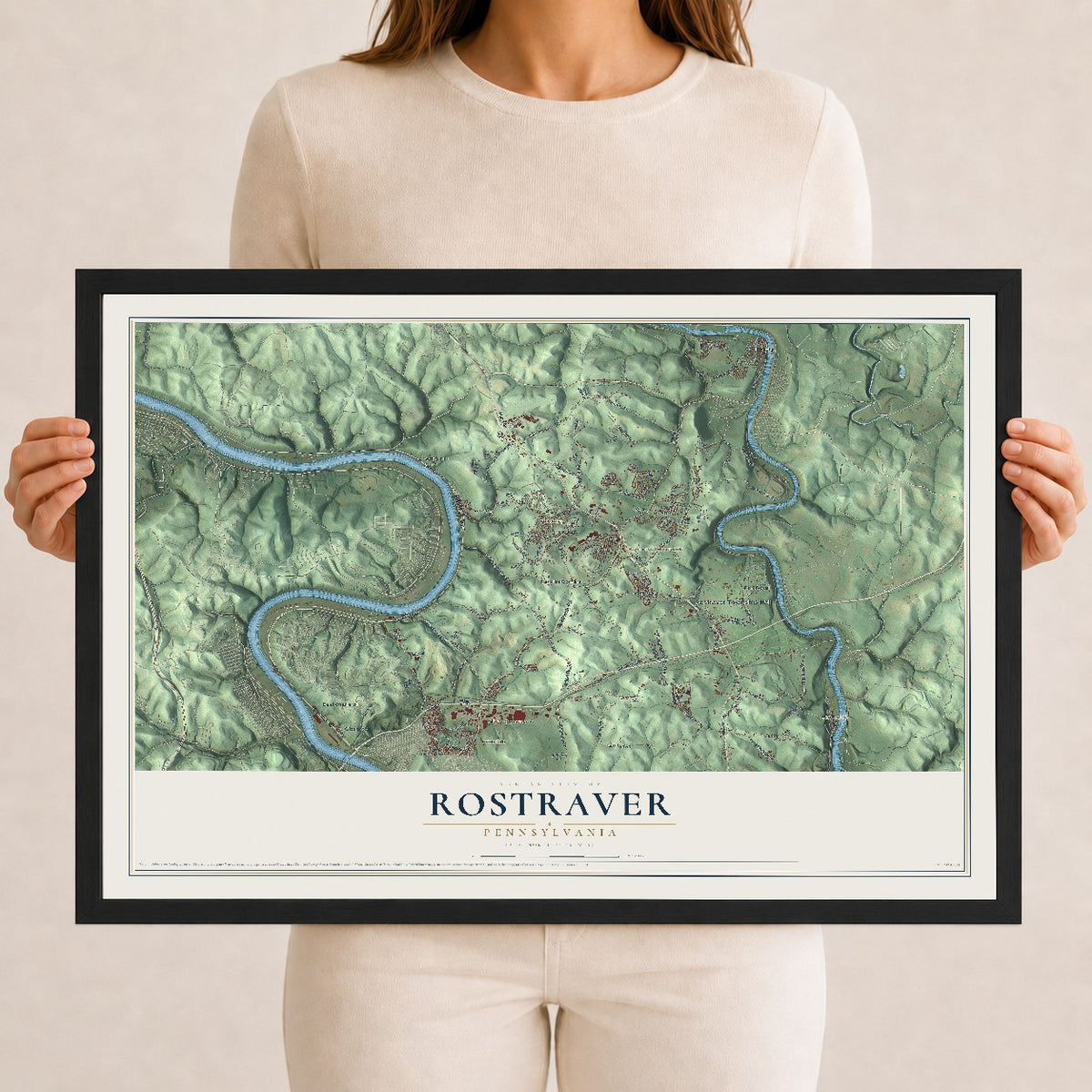 Map of Rostraver, Pennsylvania, 12 x 18 inch print in a black wood frame