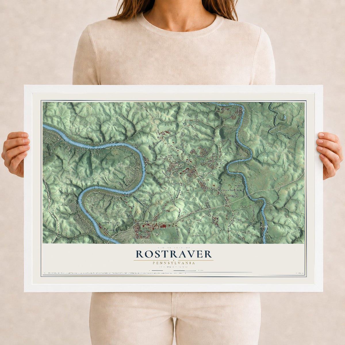 Map of Rostraver, Pennsylvania, 12 x 18 inch print in a white wood frame