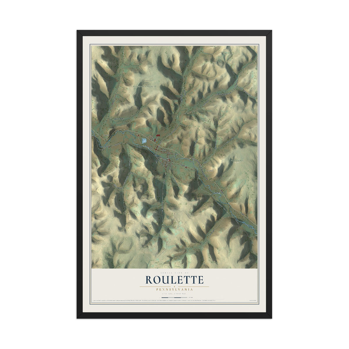 Map of Roulette, Pennsylvania, 12 x 18 inch print in a black wood frame