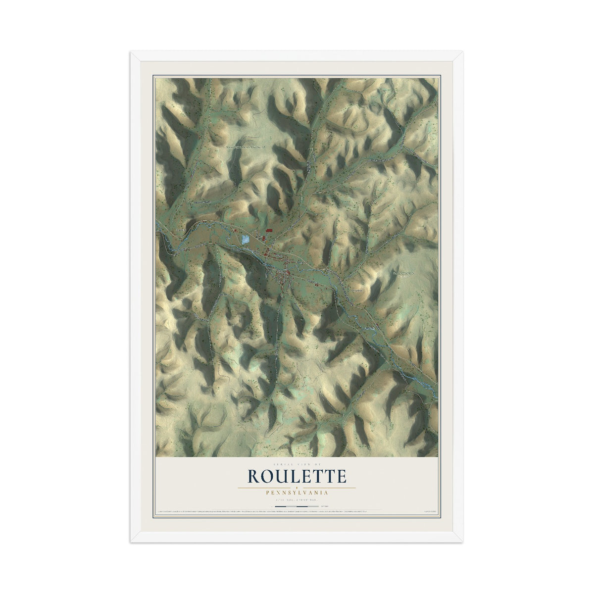 Map of Roulette, Pennsylvania, 12 x 18 inch print in a white wood frame