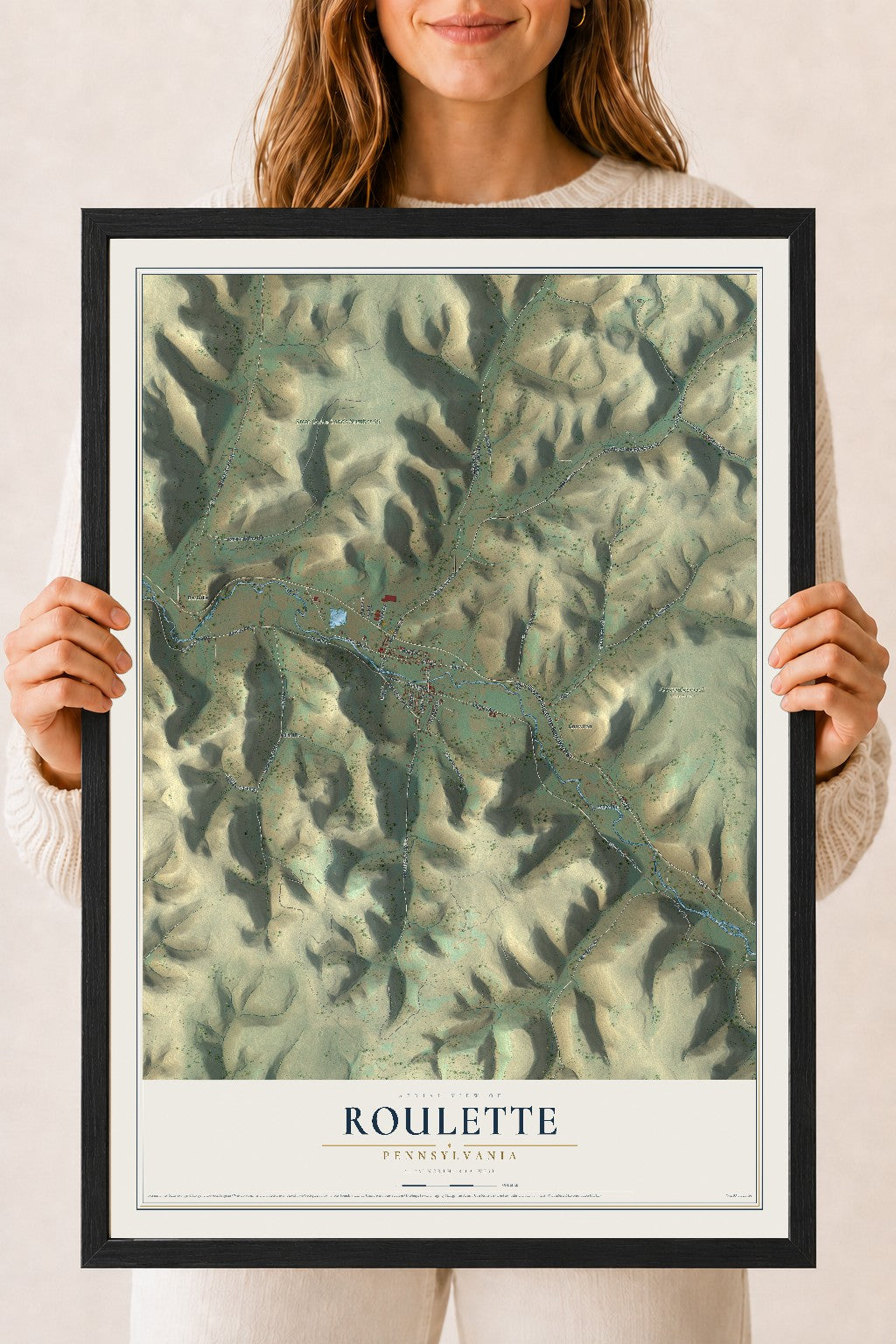 Map of Roulette, Pennsylvania, 18 x 24 inch print in a black wood frame
