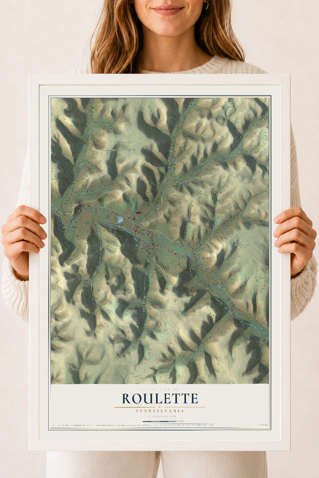 Map of Roulette, Pennsylvania, 18 x 24 inch print in a white wood frame