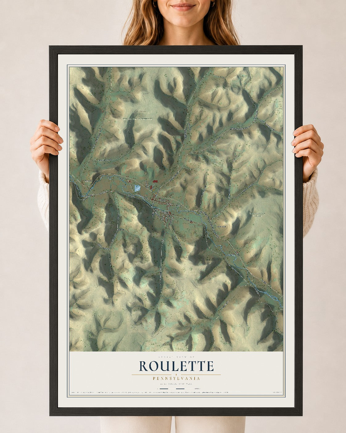 Map of Roulette, Pennsylvania, 24 x 36 inch print in a black wood frame