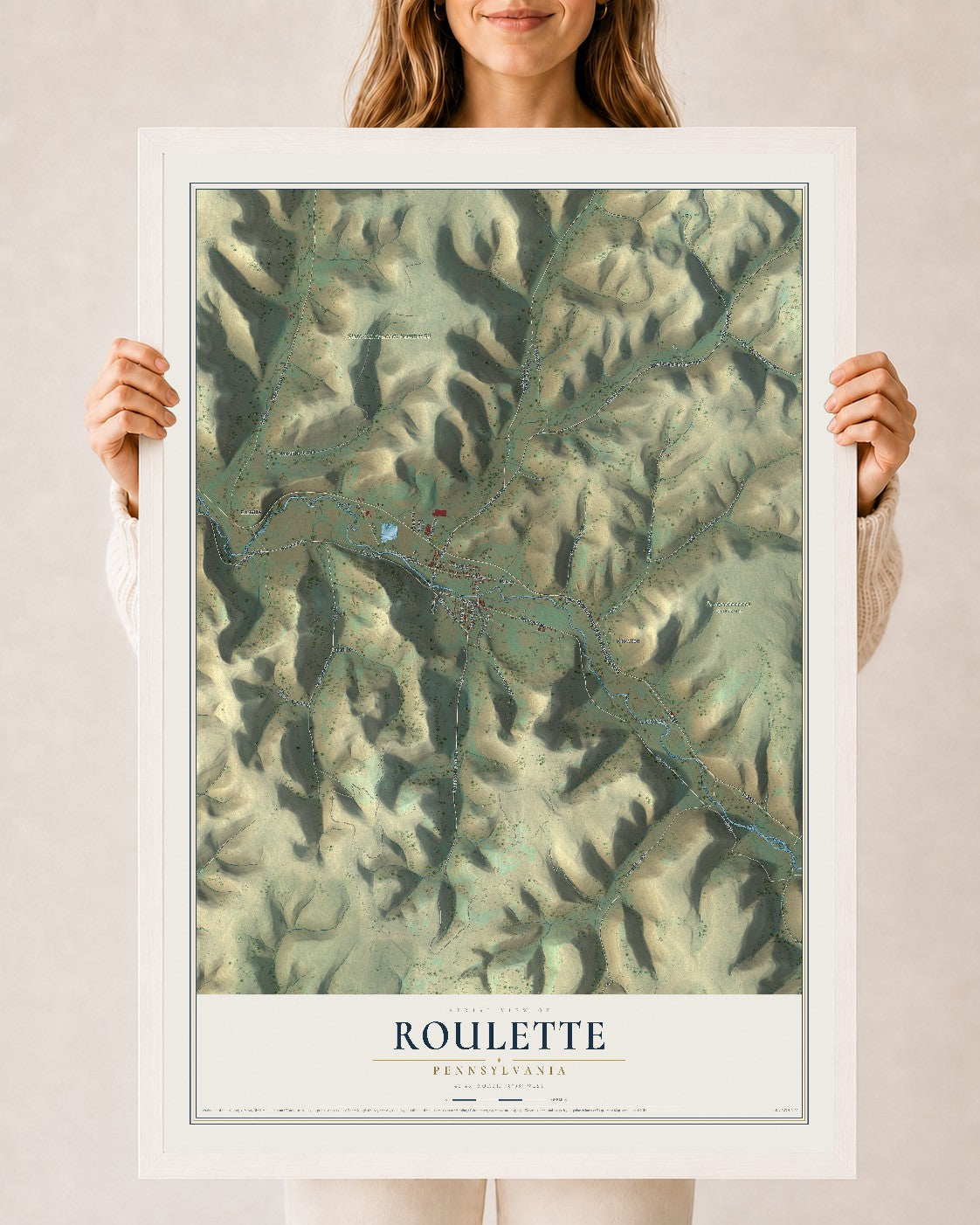 Map of Roulette, Pennsylvania, 24 x 36 inch print in a white wood frame